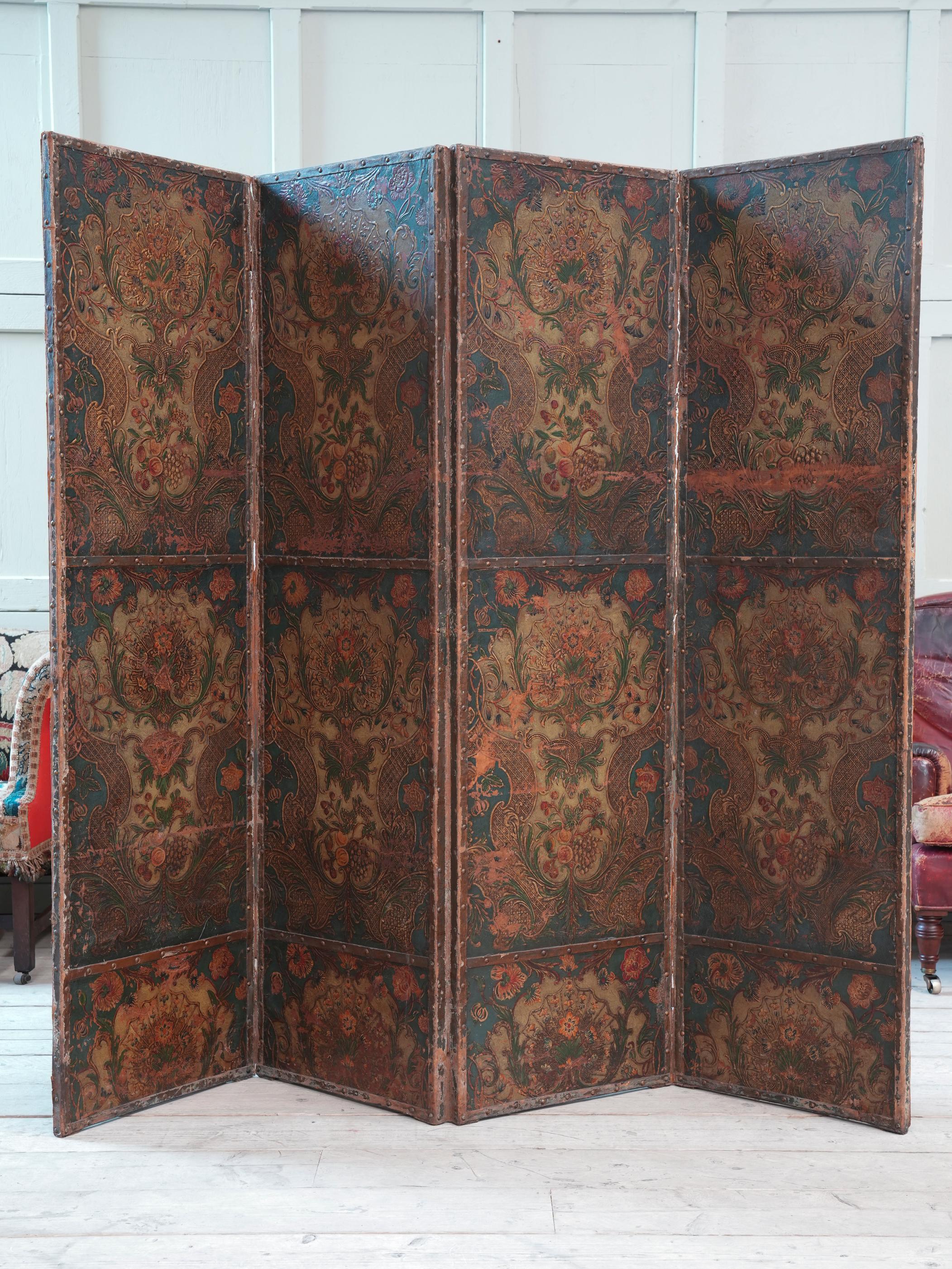 19th Century Embossed & Decorated Leather Room Screen 7