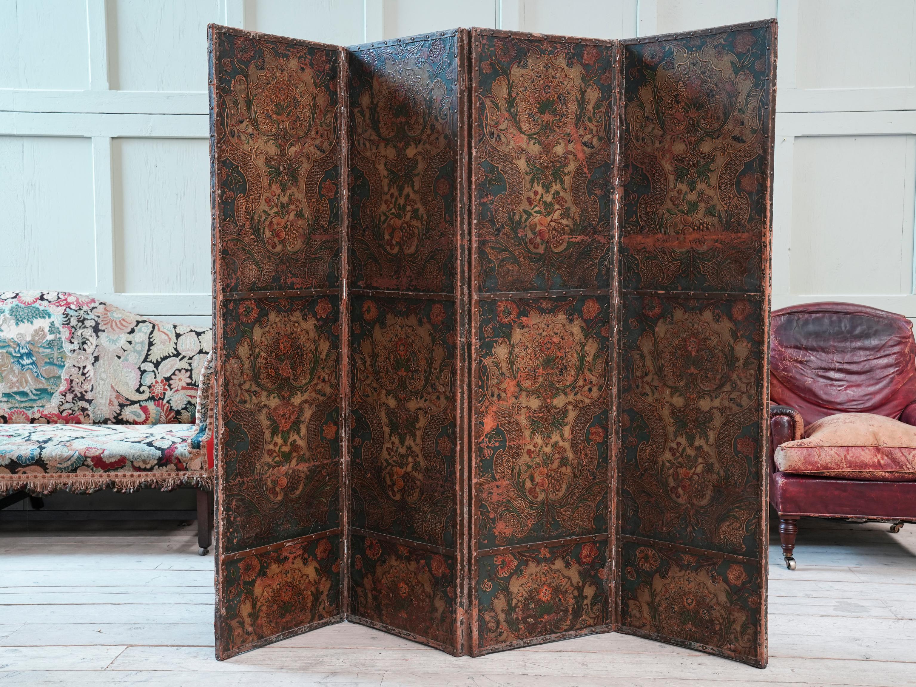 19th Century Embossed & Decorated Leather Room Screen 8