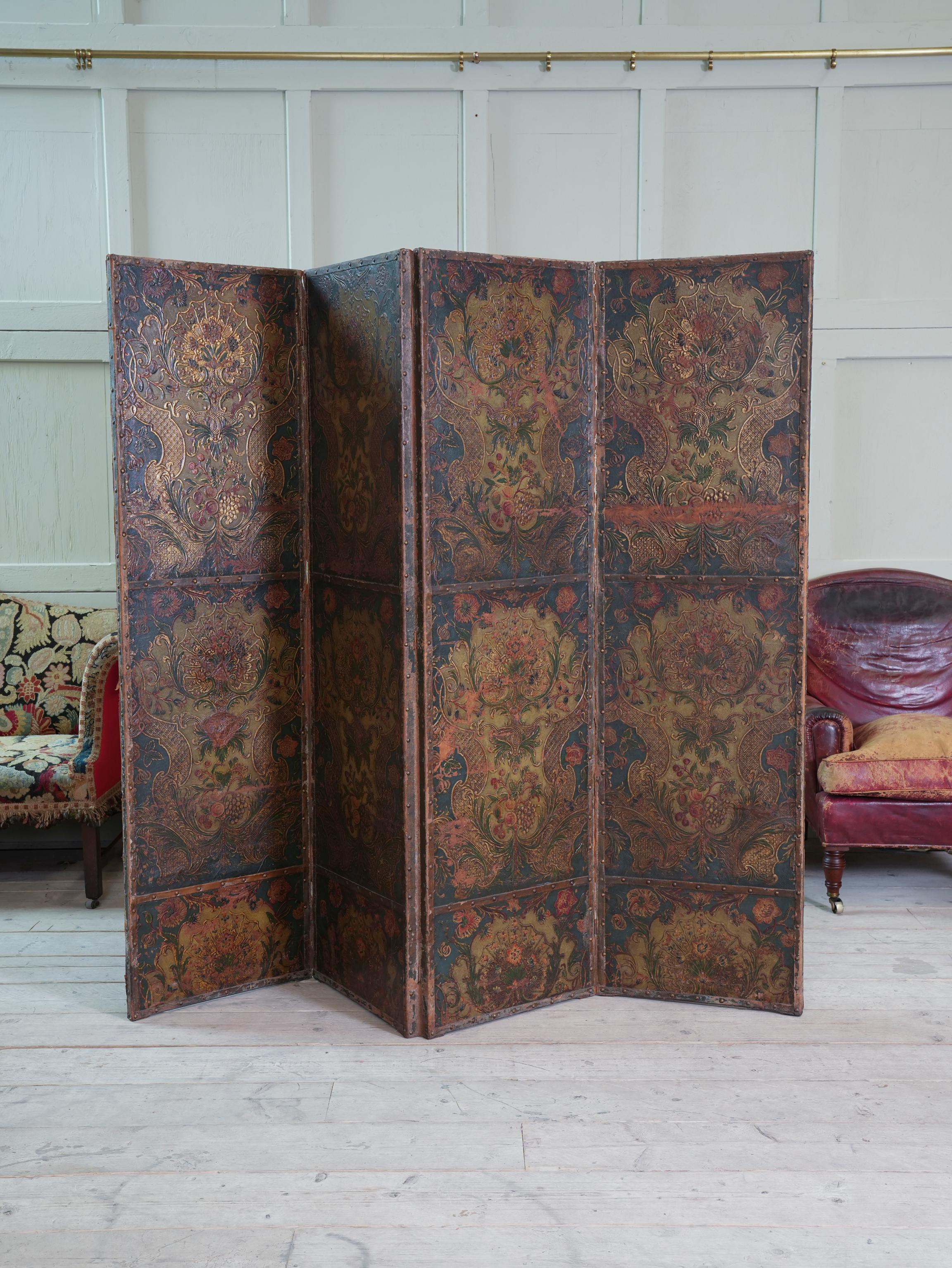 19th Century Embossed & Decorated Leather Room Screen 13