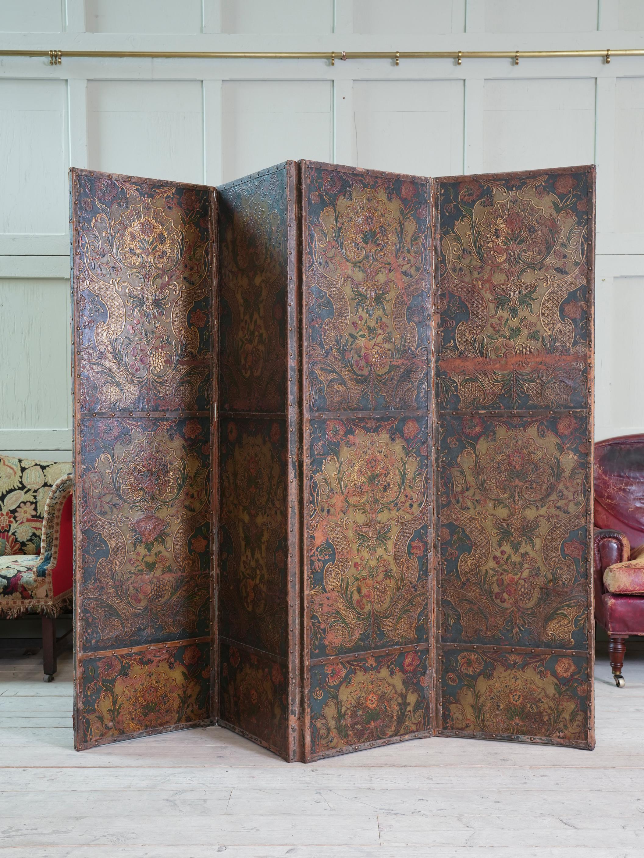 19th Century Embossed & Decorated Leather Room Screen 14