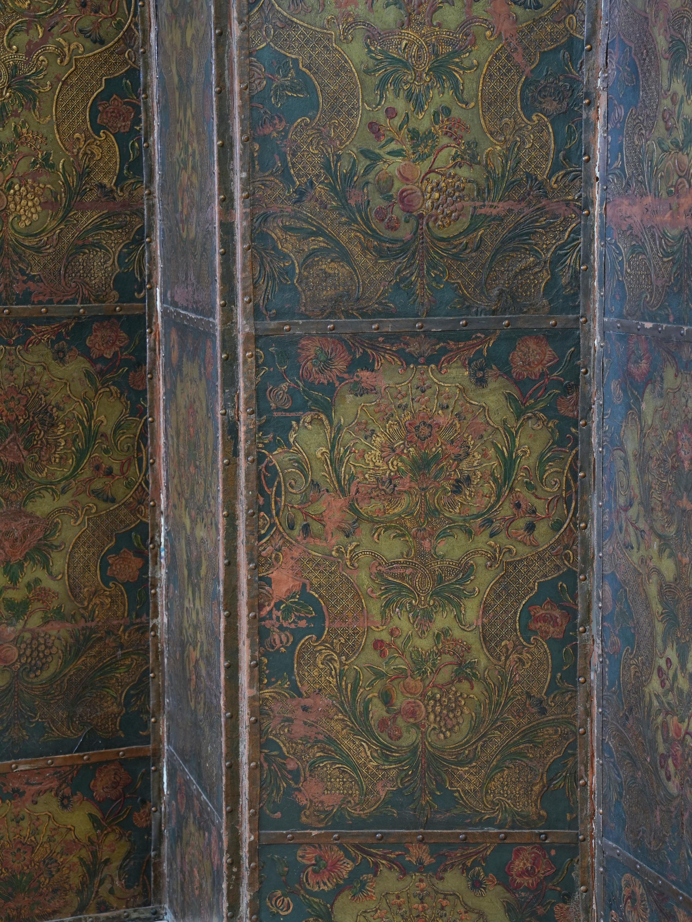 English 19th Century Embossed & Decorated Leather Room Screen