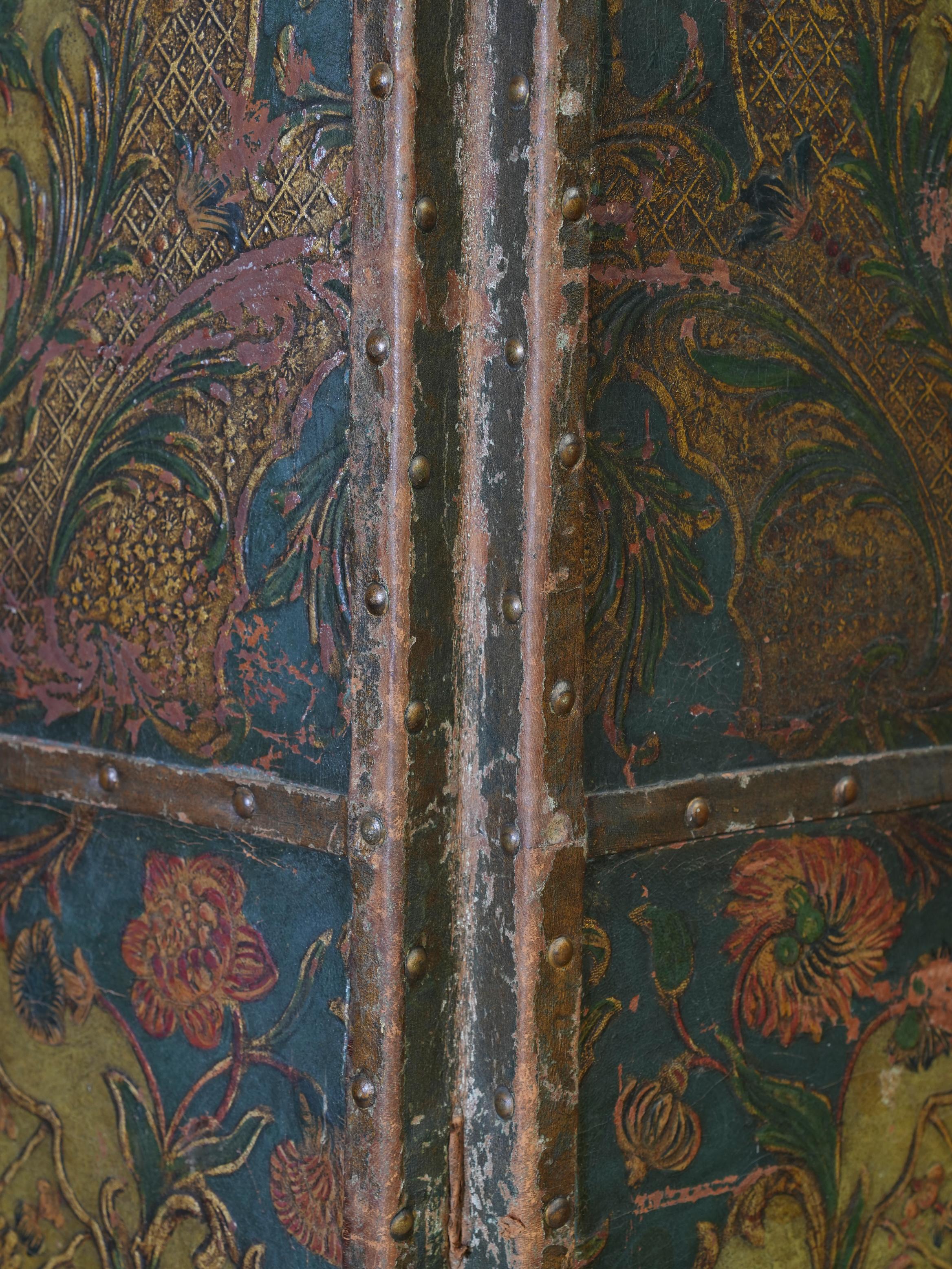 19th Century Embossed & Decorated Leather Room Screen In Good Condition In Conwy, GB