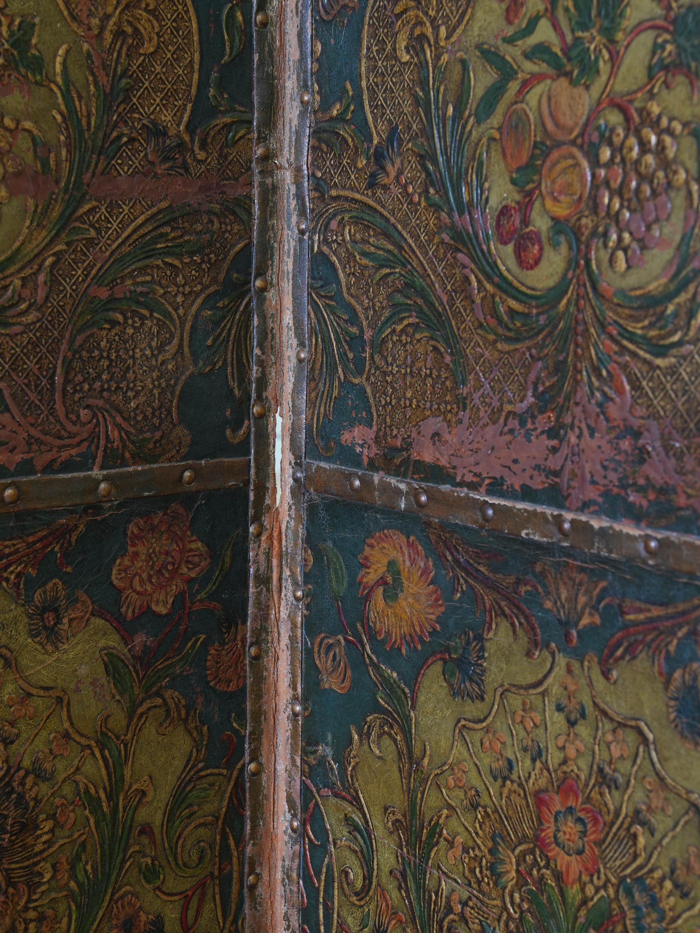 19th Century Embossed & Decorated Leather Room Screen 1