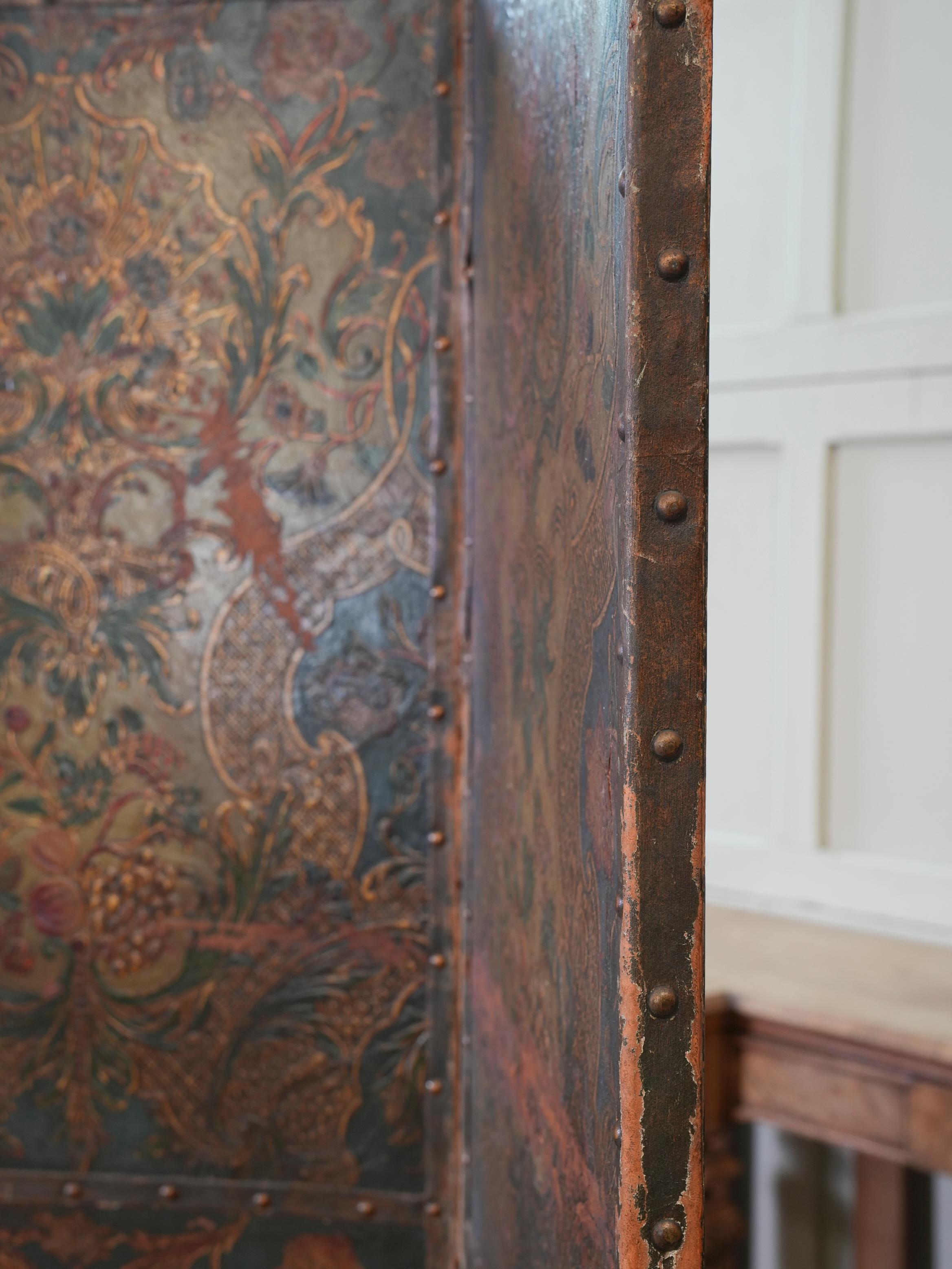 19th Century Embossed & Decorated Leather Room Screen 3