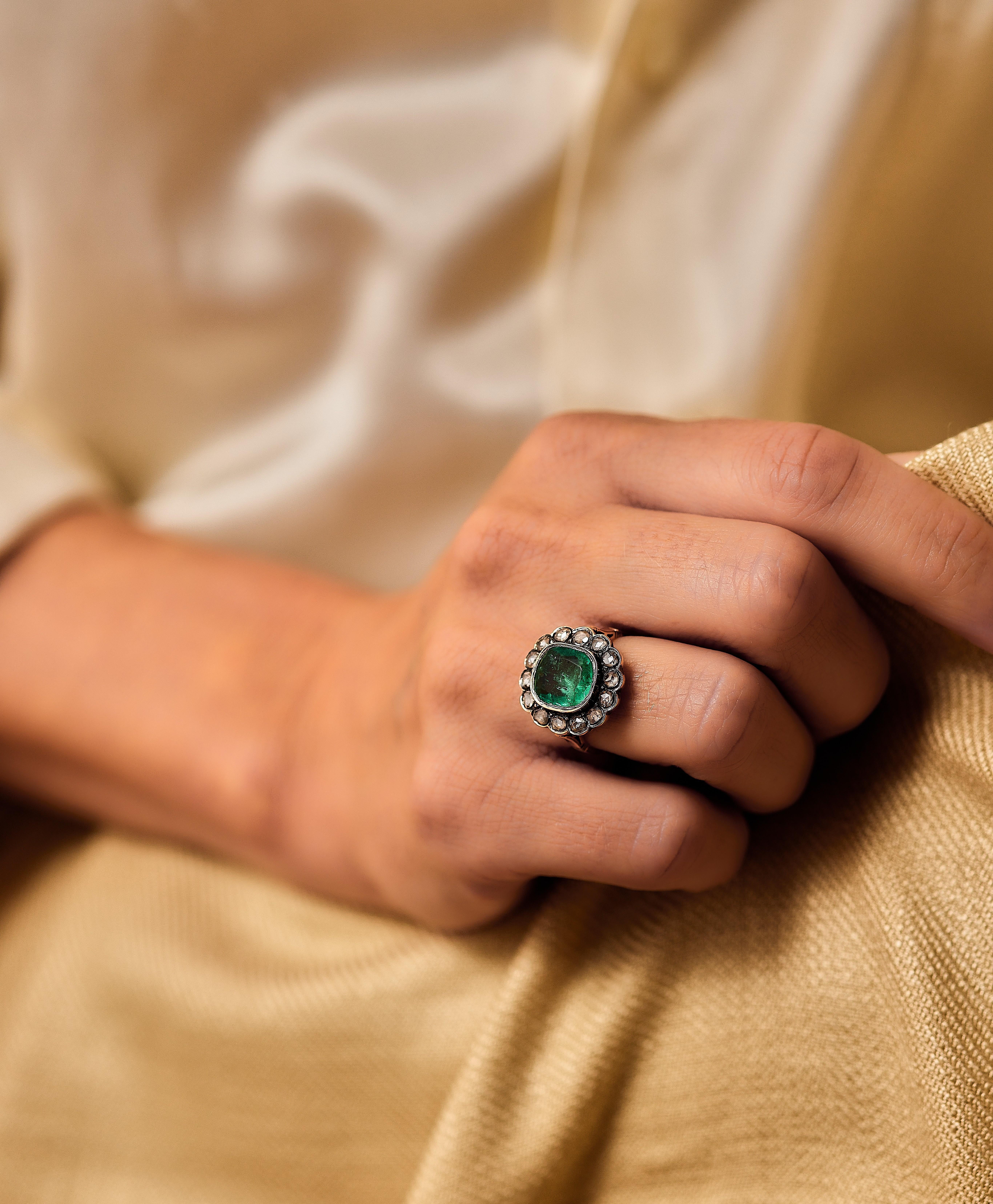 Cushion Cut A 19th Century emerald and diamond dress ring, second half of the 19th century. For Sale