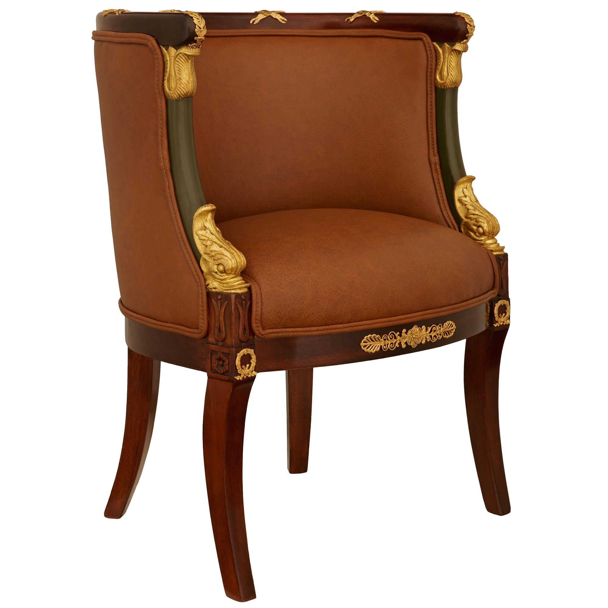 European A 19th century Empire st. Mahogany, Giltwood, Ormolu and Leather armchair For Sale