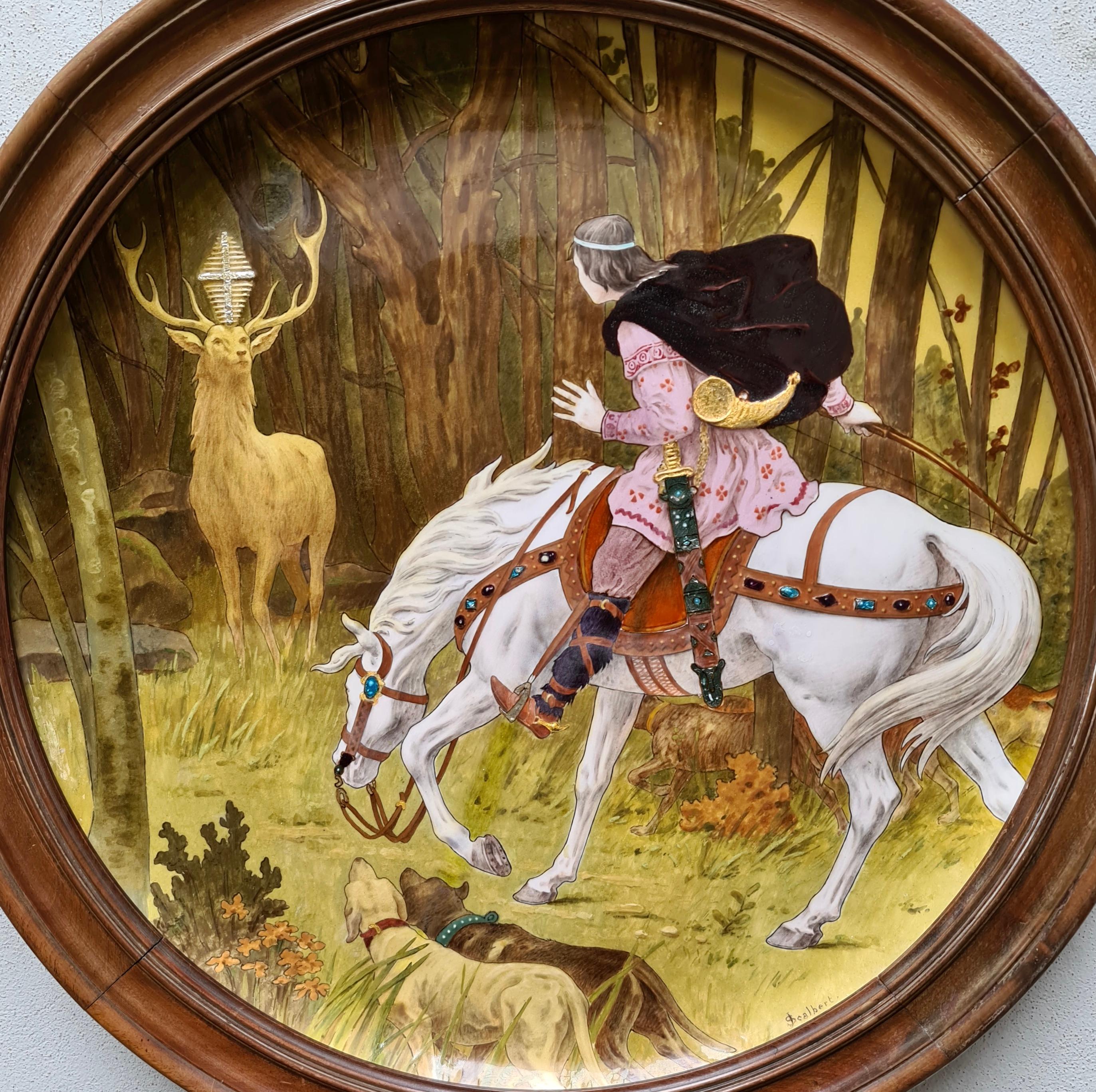 A 19th century enameled Sèvres Faience impressive framed charger
hand painted by Jules Scalbert for Optat Milet, Sèvres 
Depicting The St Hubert Miracle during Deer Hunting
Signed J.Scalbert on the design and Impressed Optat Milet Sèvres on the