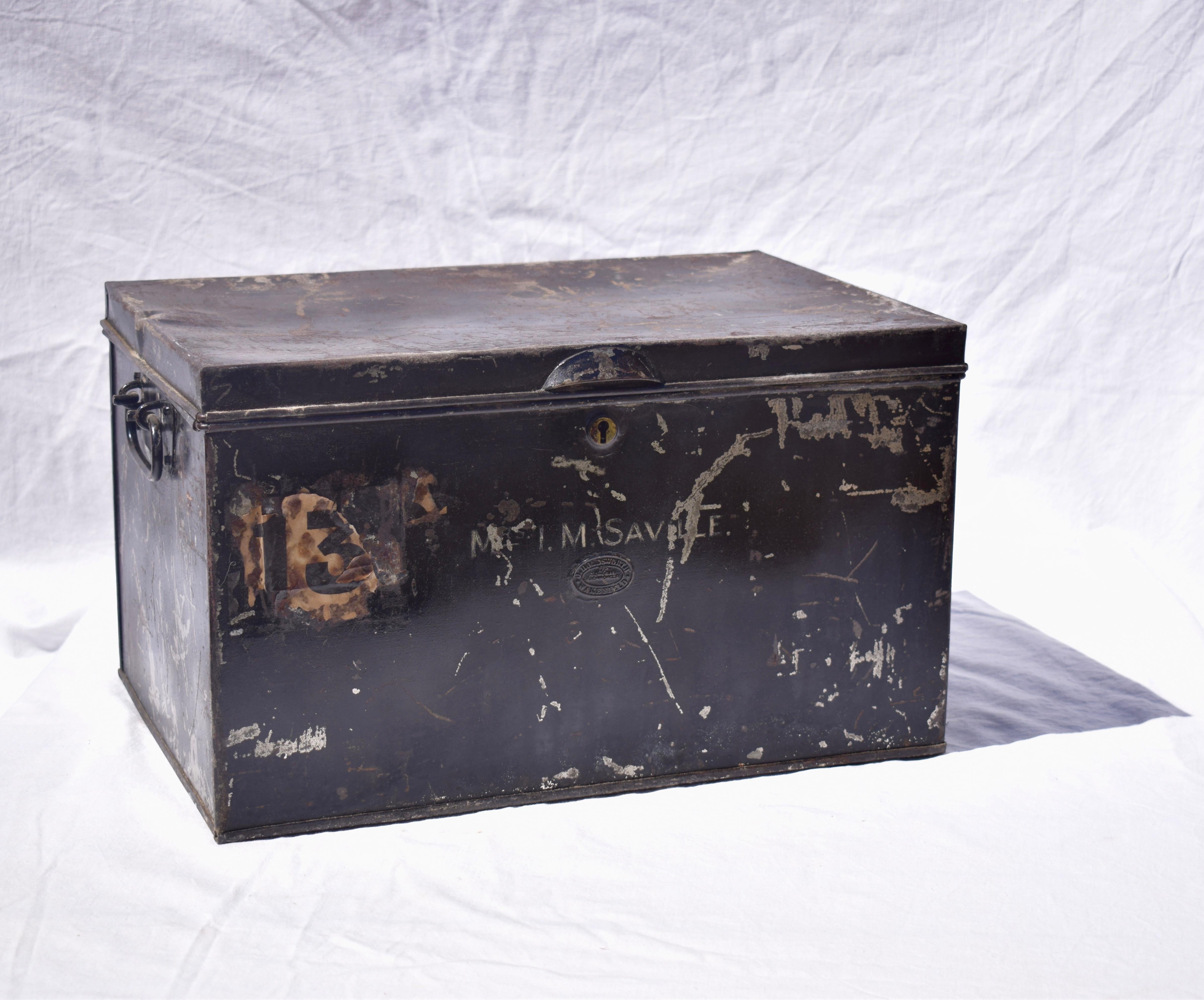 This late 19th century metal safe box would have been used as a documentation chest to store and dispatch legal deeds or documents. The metal box is a good Size and it has two handles on either side making it easy to move around. As the image shows