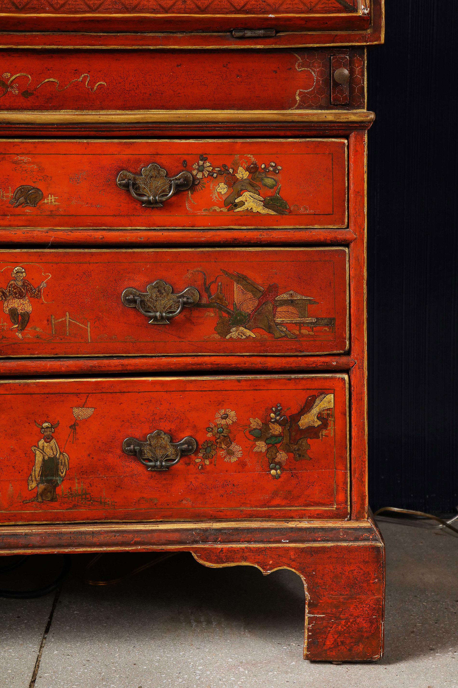 Hand-Painted 19th Century English Red Lacquer Secretary