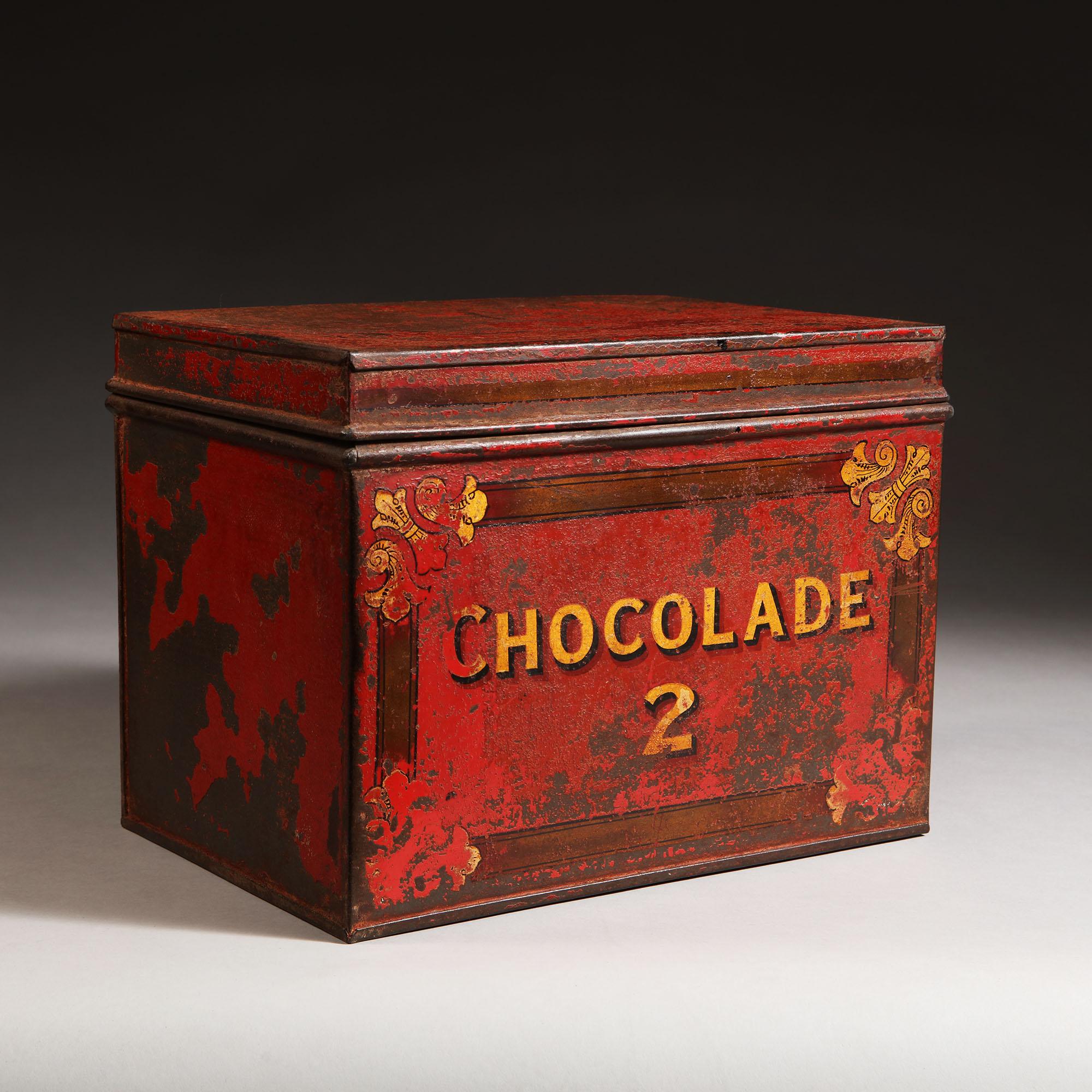 19th Century English Red Tole Chocolate Tin Inscribed 'Chocolade' In Good Condition In London, GB