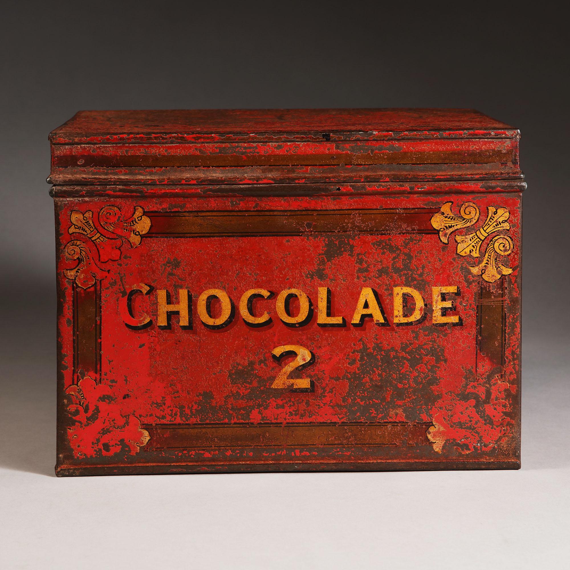 Tôle 19th Century English Red Tole Chocolate Tin Inscribed 'Chocolade'
