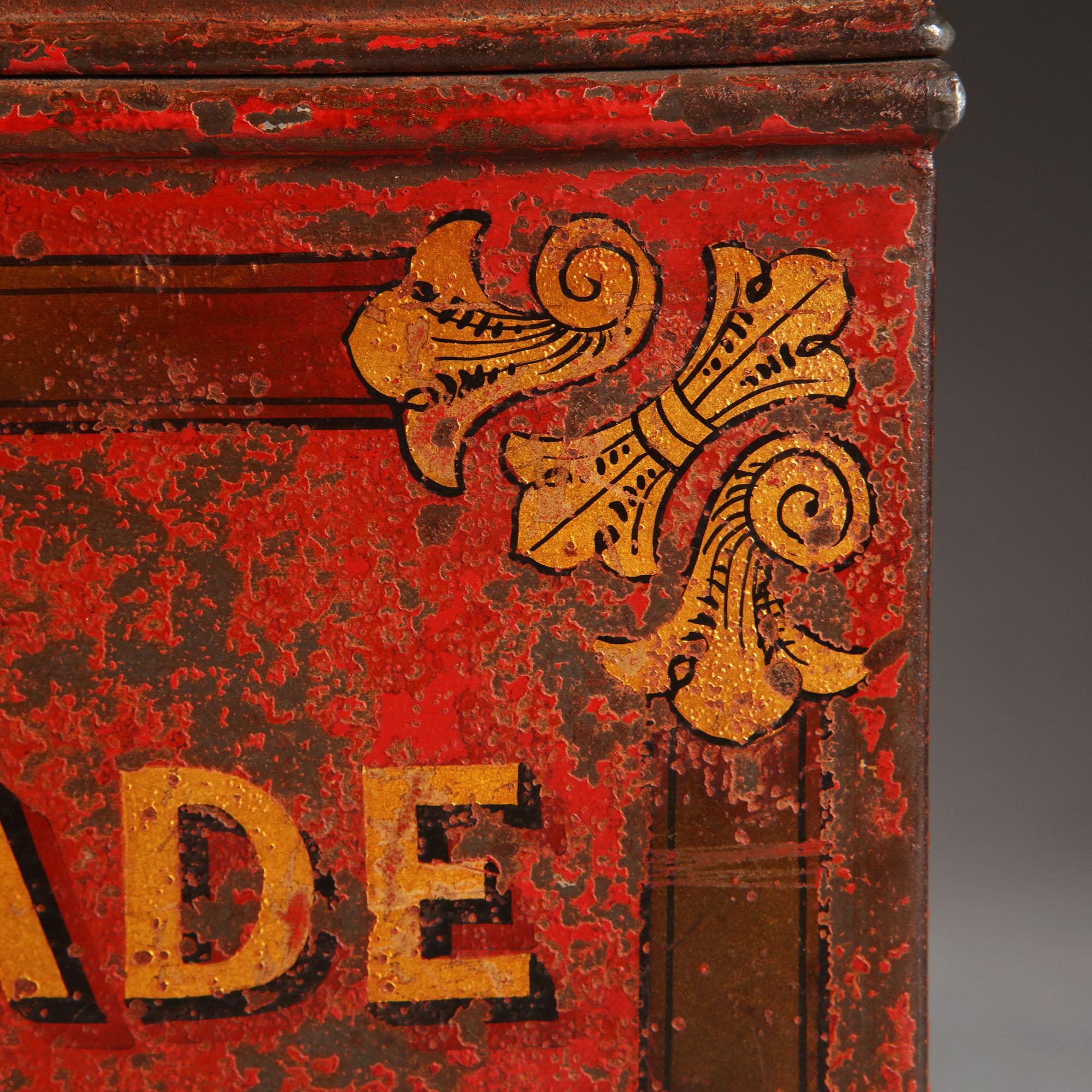19th Century English Red Tole Chocolate Tin Inscribed 'Chocolade' 1