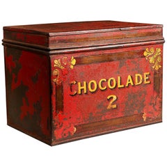19th Century English Red Tole Chocolate Tin Inscribed 'Chocolade'