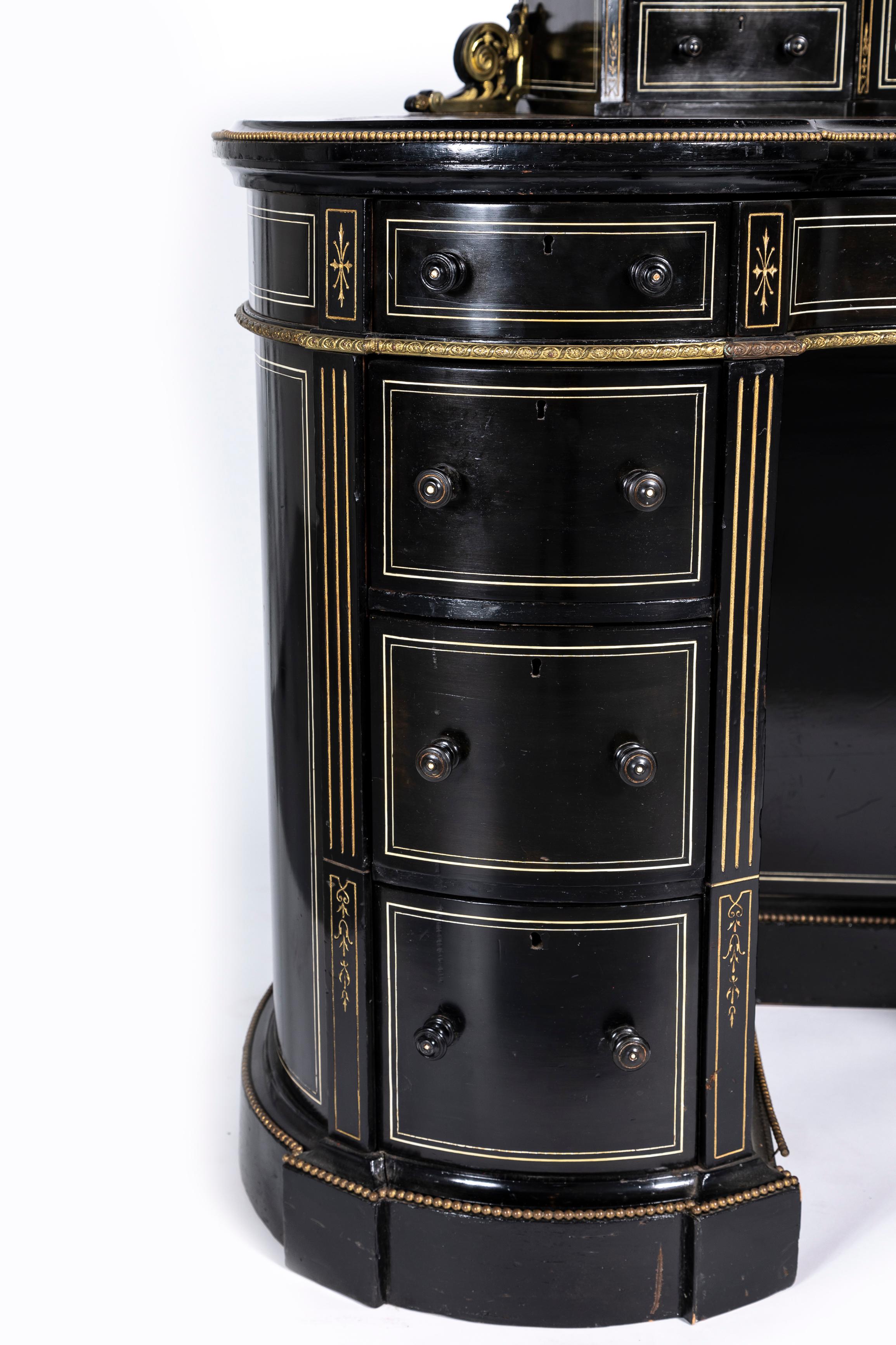 A 19. Jahrhundert Englisch Regency Nieren Form Schwarz Ebenholz Schreibtisch im Angebot 6