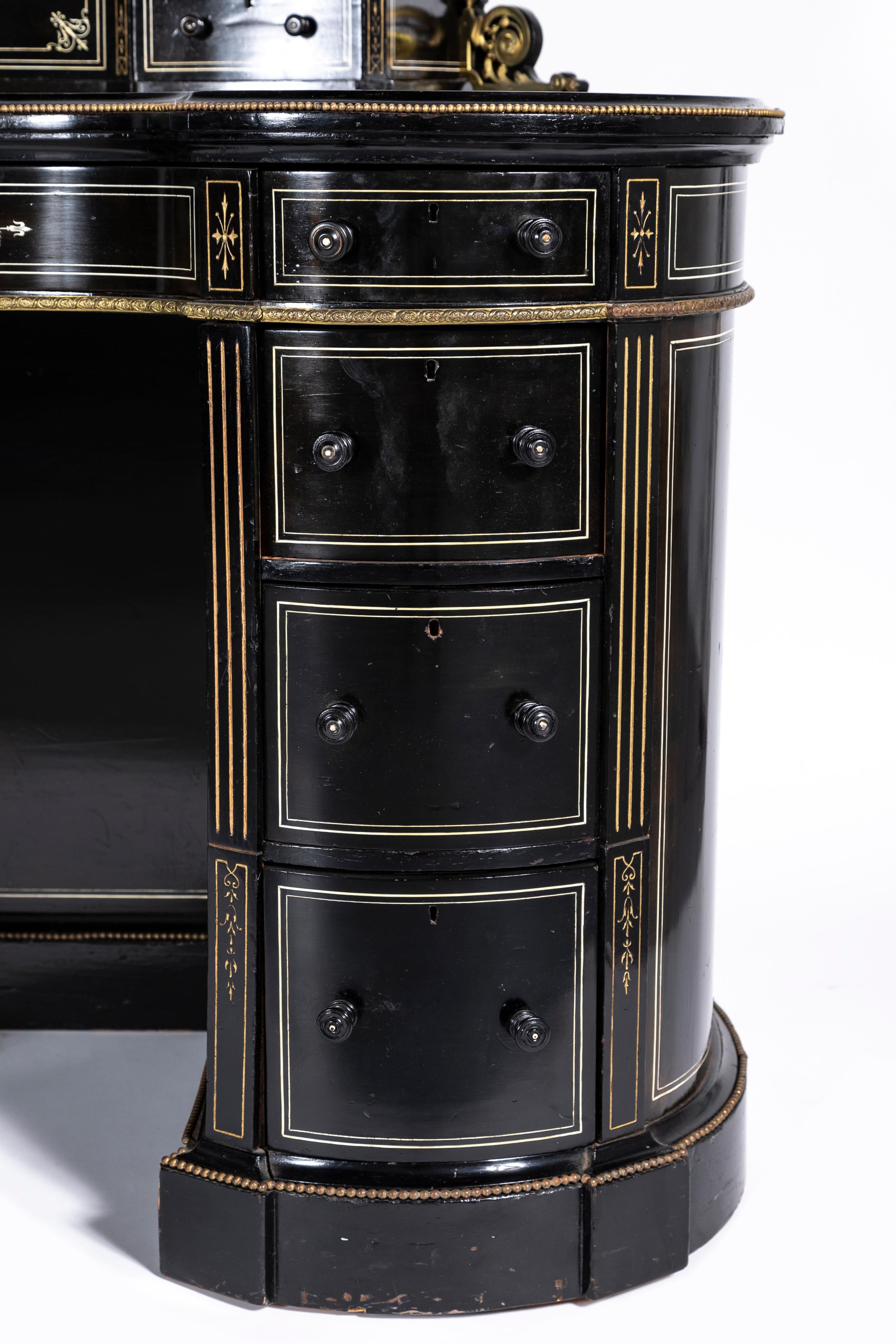 A 19. Jahrhundert Englisch Regency Nieren Form Schwarz Ebenholz Schreibtisch im Angebot 11