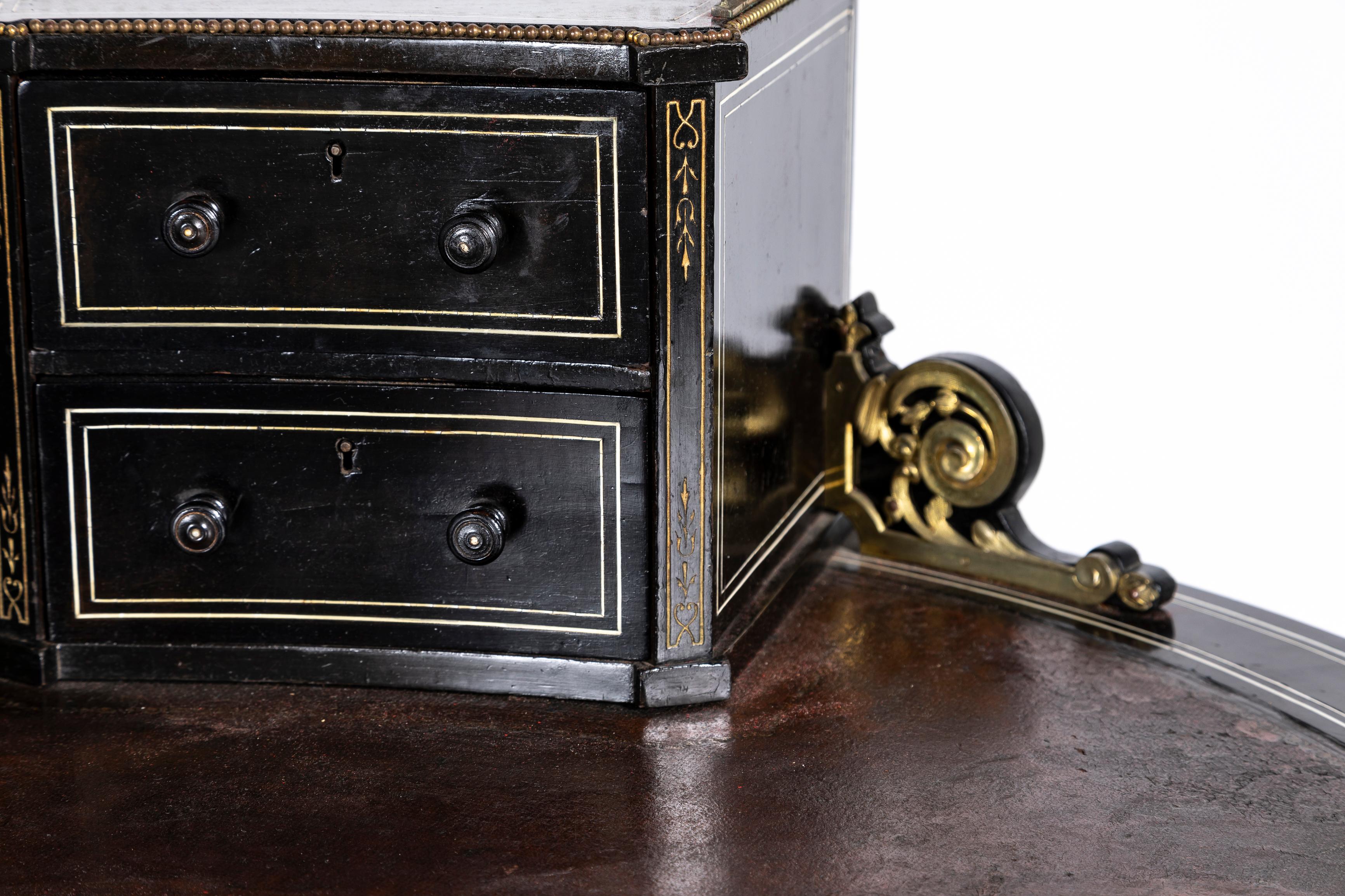 A 19. Jahrhundert Englisch Regency Nieren Form Schwarz Ebenholz Schreibtisch im Angebot 12