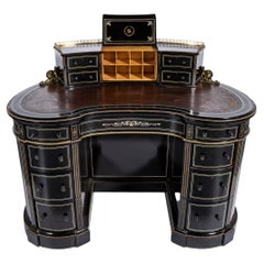 Antique A 19th Century English Regency Kidney Form Black Ebony Desk