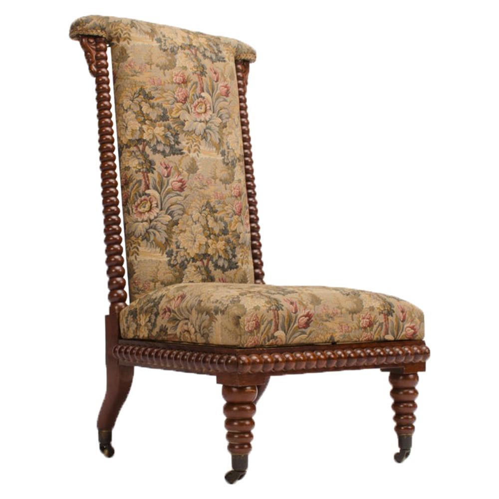 19th Century English Spool Chair, Mahogany with Fabric Upholstery