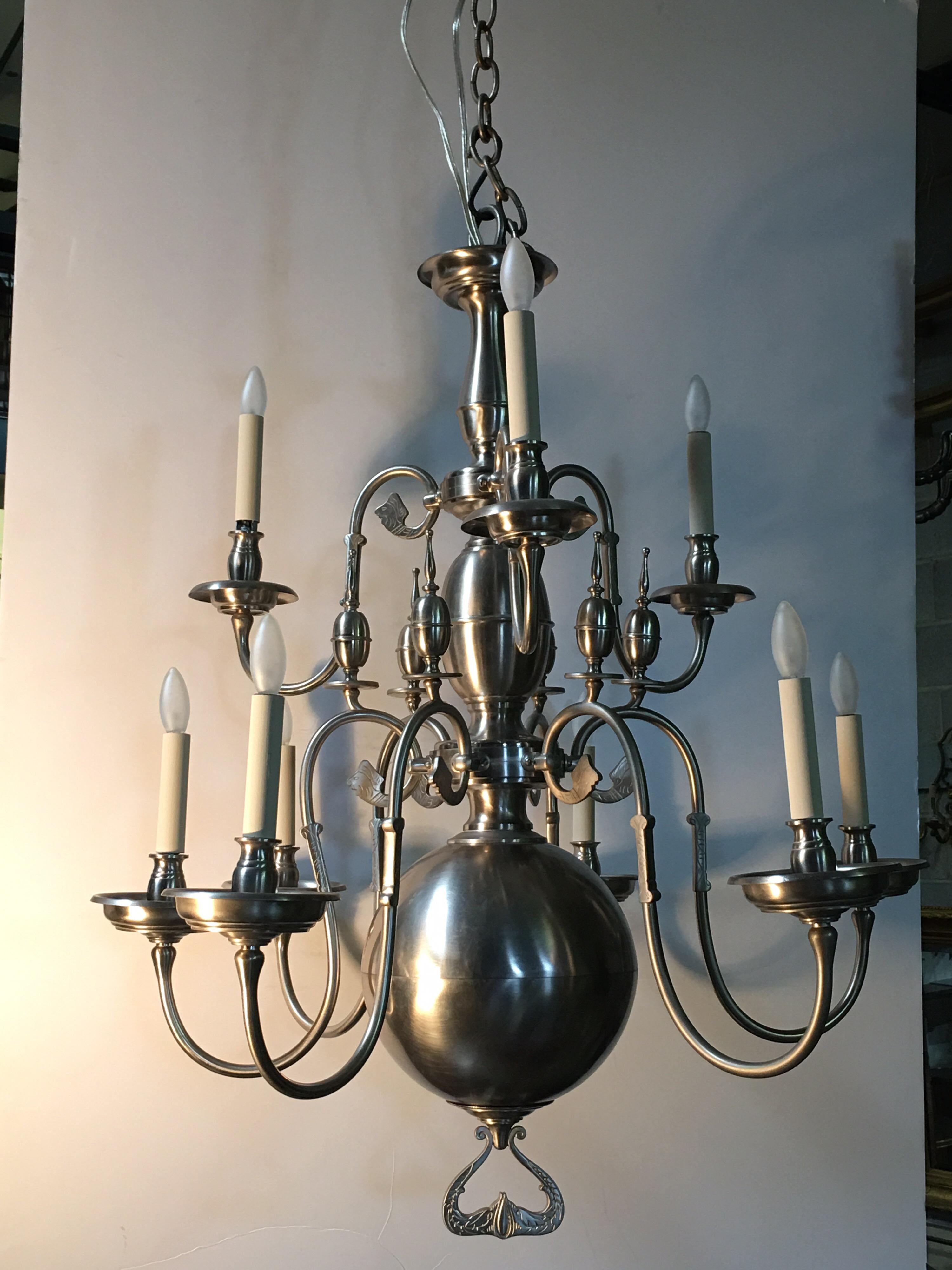 A 19th century Flemish chandelier with a pewter finish.