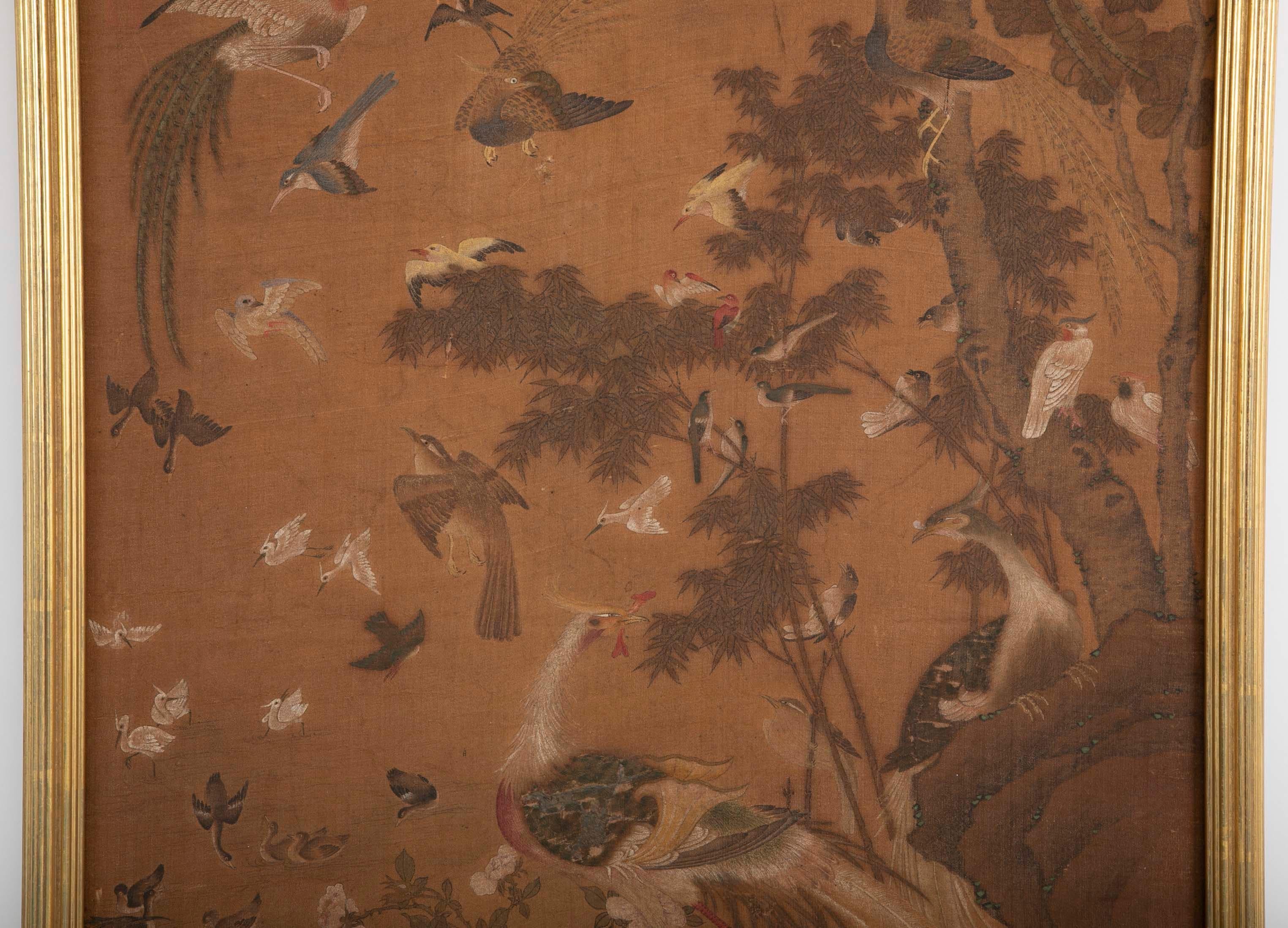 Qing 19th Century Framed Chinese Scroll Depicting the Scene of a Hundred Birds