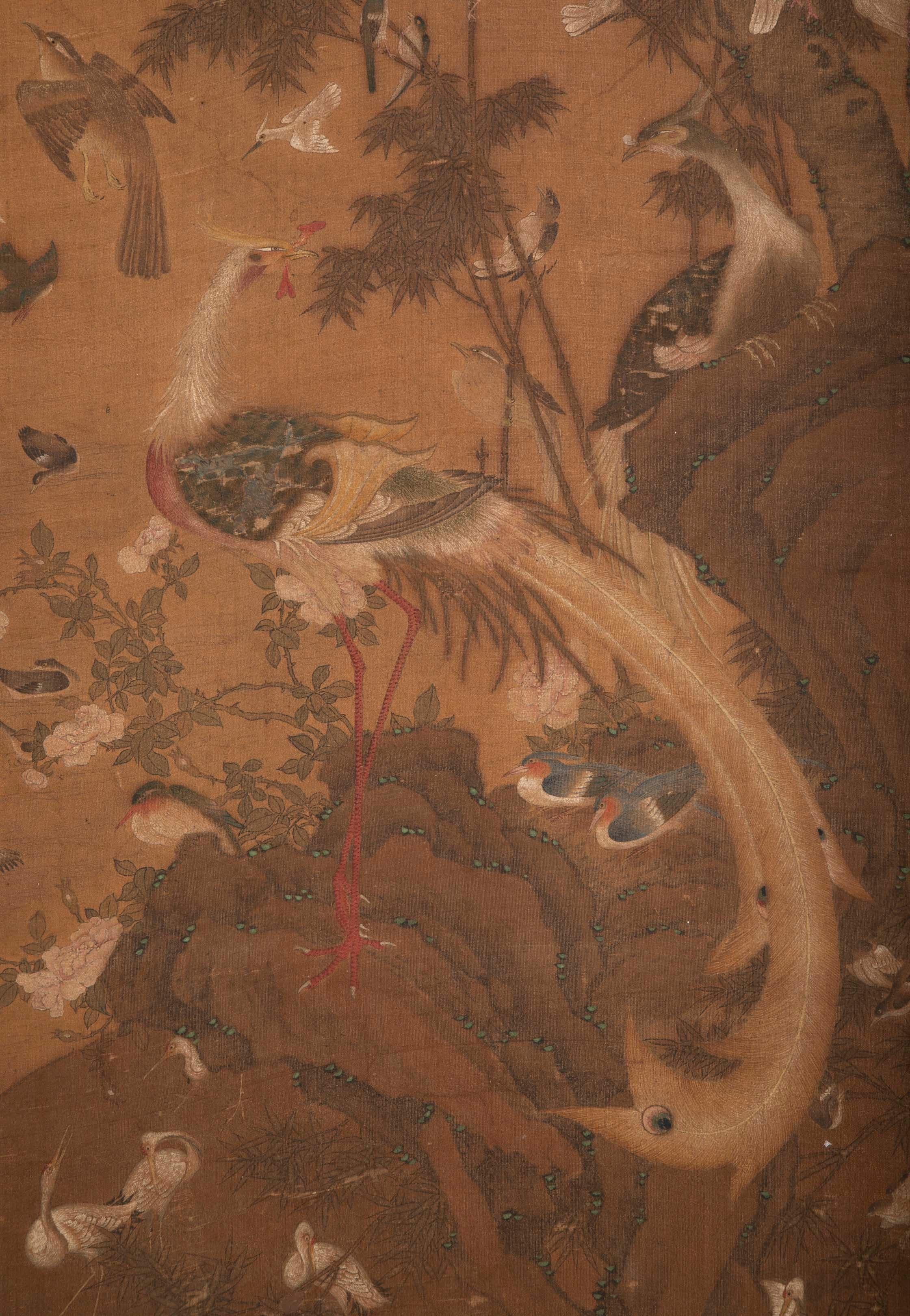 Painted 19th Century Framed Chinese Scroll Depicting the Scene of a Hundred Birds