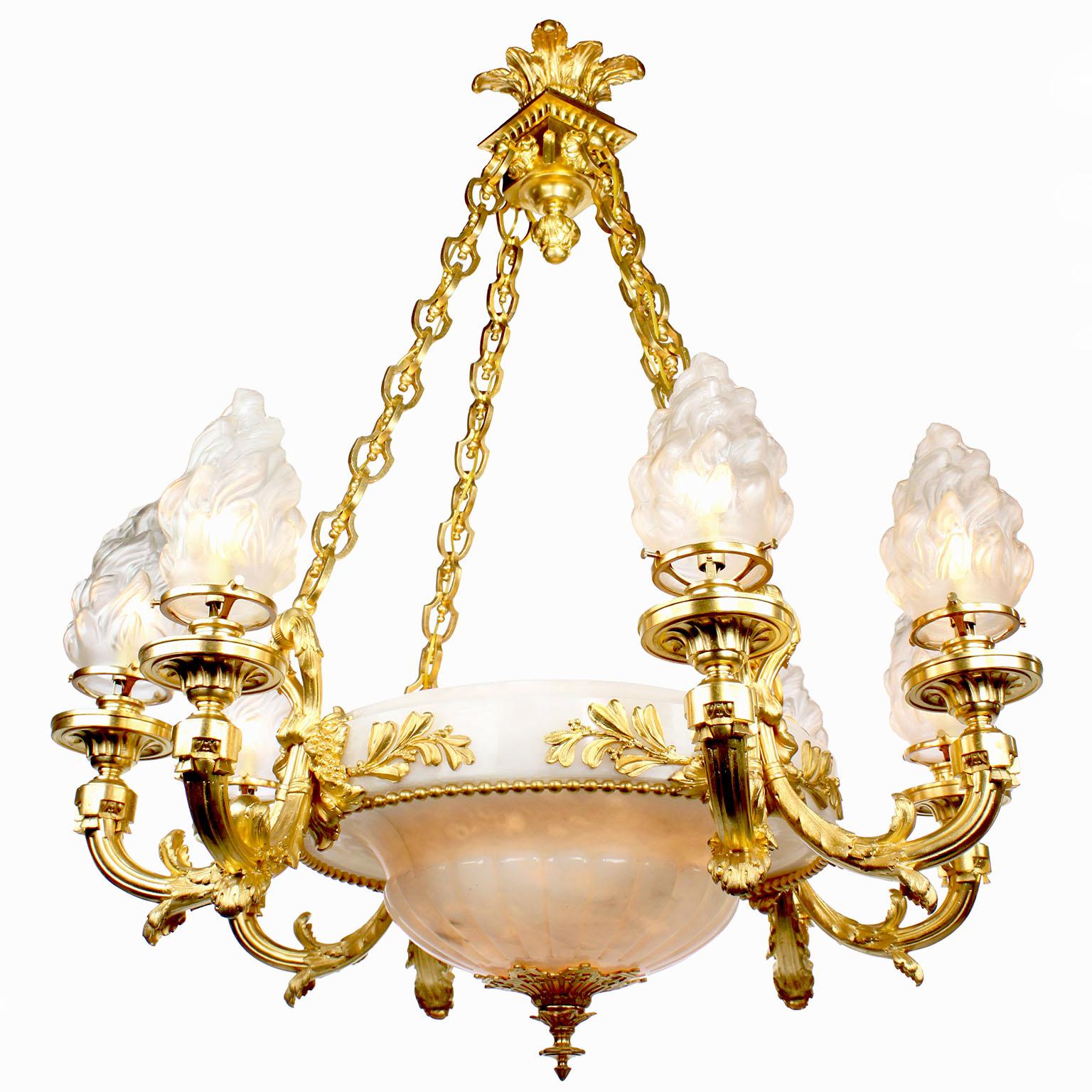 A very fine and Rare 19th century Franco-Russian neoclassical revival style ormolu mounted white alabaster eight-light chandelier, possibly a design by Félix Chopin (French, 1813-1892). The ovoid carved alabaster plafonnier bowl, fitted with an
