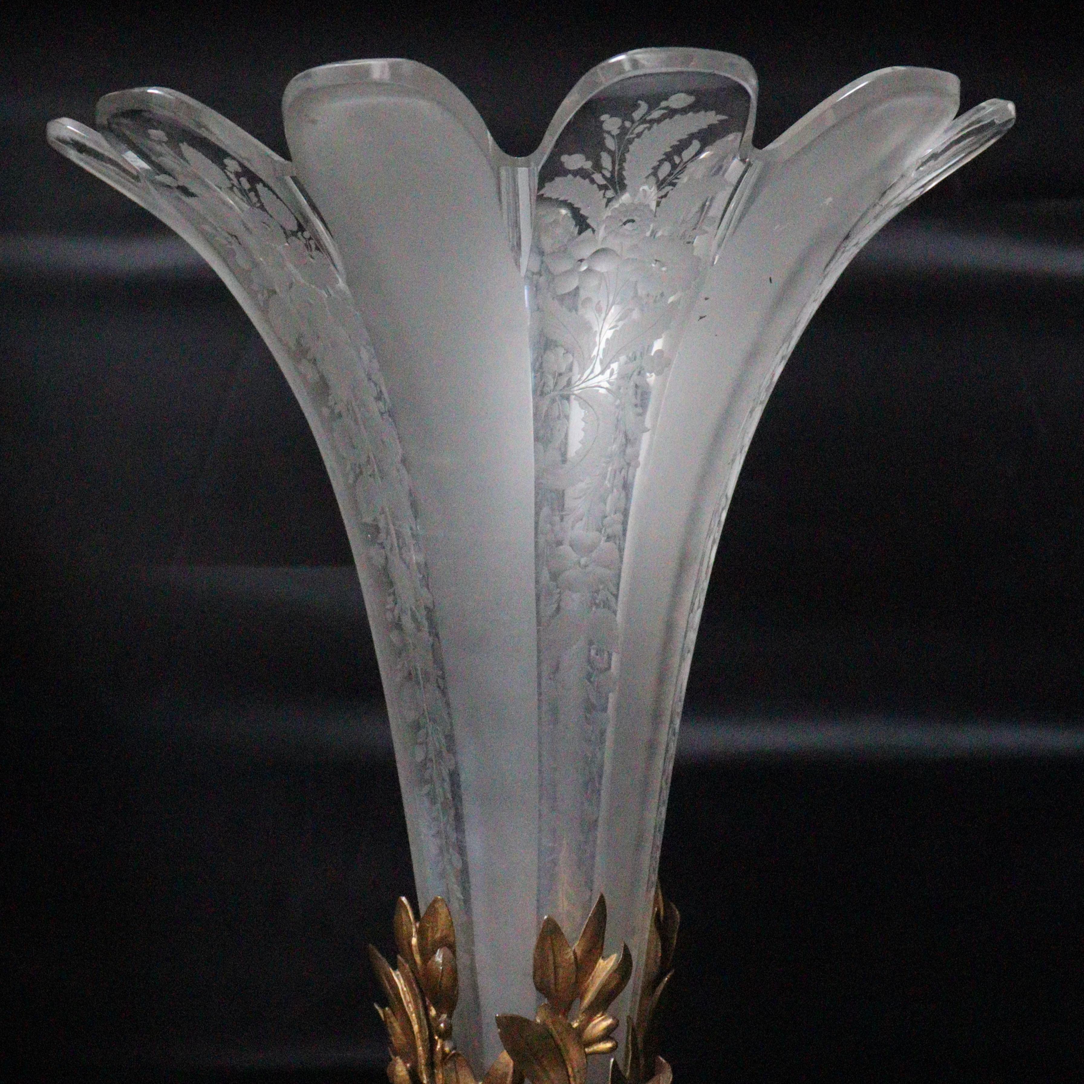 Frosted 19th Century, French, Baccarat Crystal and Ormolu Cornet Vase Centerpiece