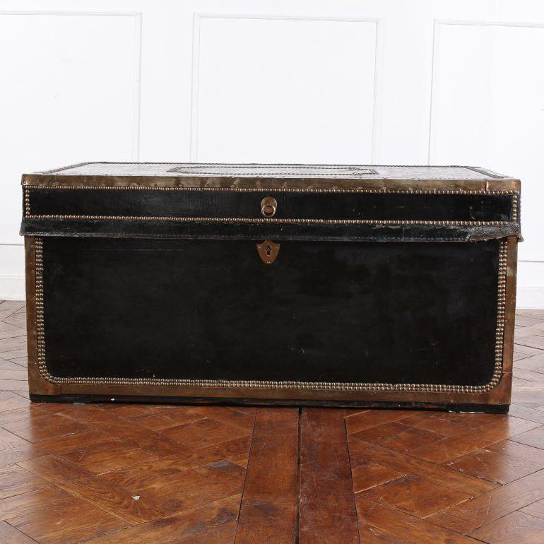 19th Century French Black Leather Trunk with Brass Edge Trim and Brass Studs In Good Condition In Vancouver, British Columbia