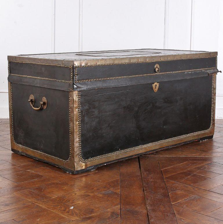 19th Century French Black Leather Trunk with Brass Edge Trim and Brass Studs 1