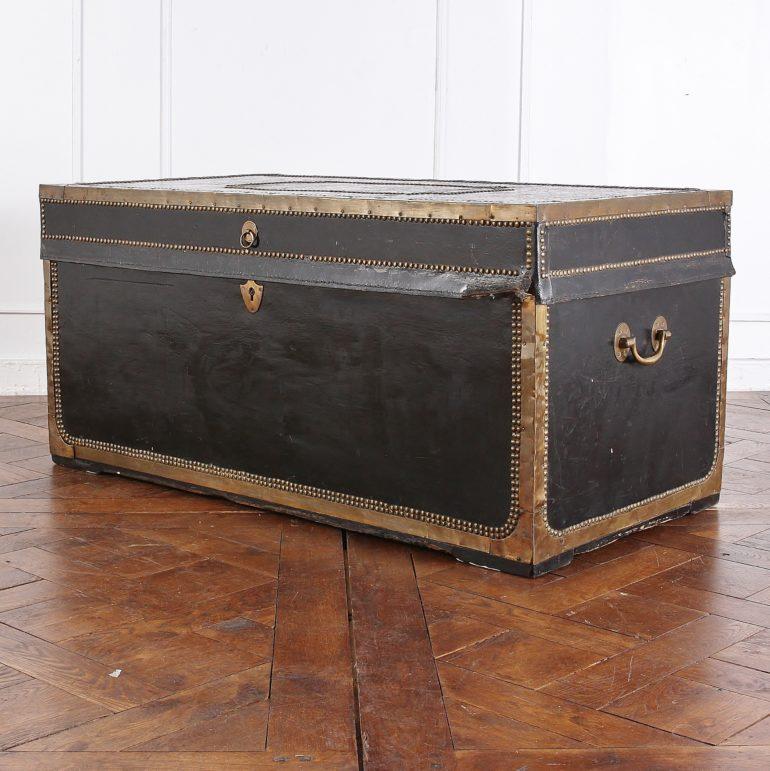 19th Century French Black Leather Trunk with Brass Edge Trim and Brass Studs 2