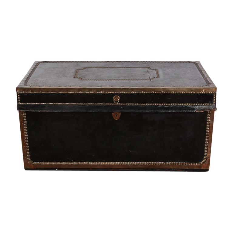 19th Century French Black Leather Trunk with Brass Edge Trim and Brass Studs