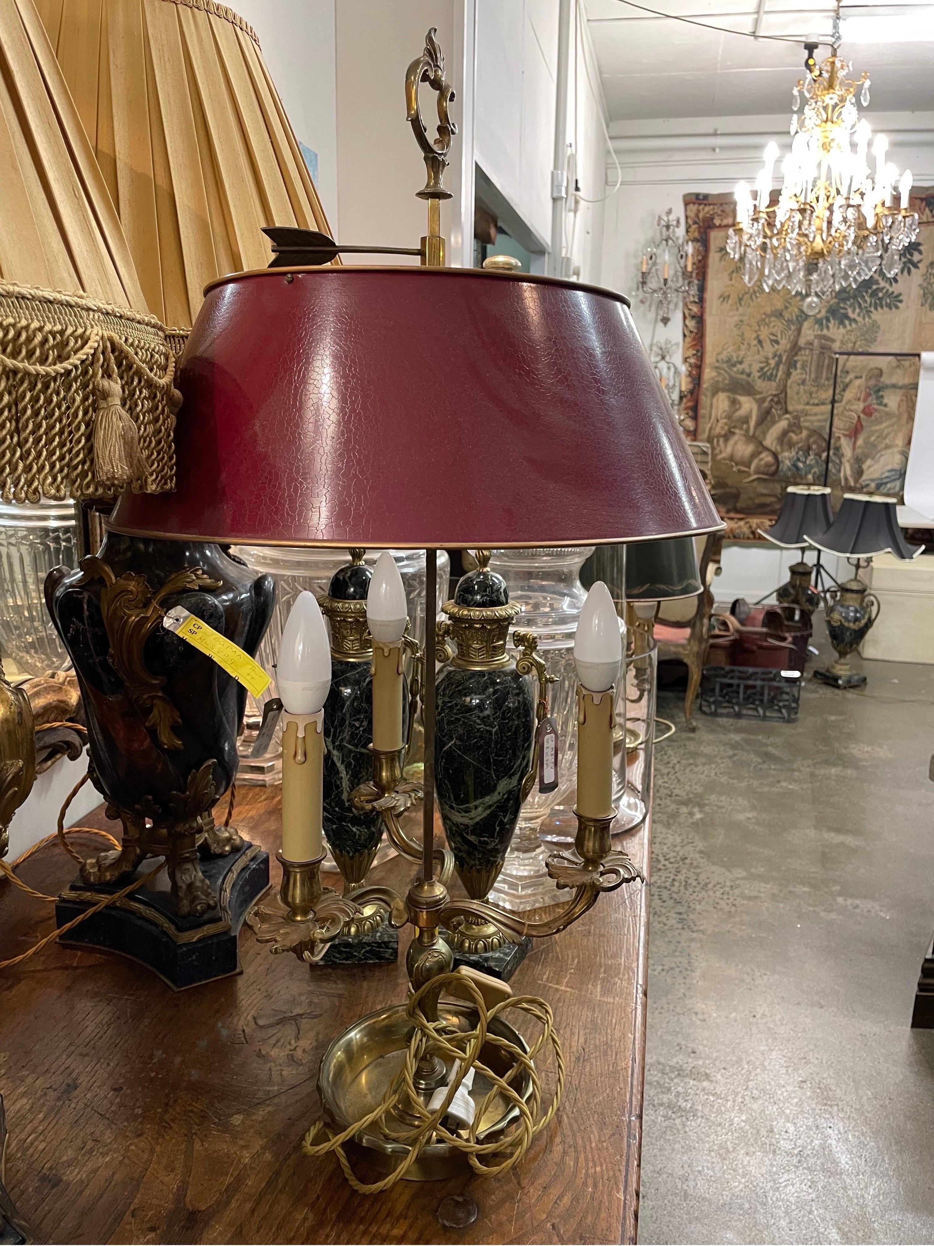 A French Bouillotte Lamp 19th Century

Of typical design, the red enamelled shade with an ormolu finial above three brass arms and brass base.

Provenance: Private Australian Collection.
