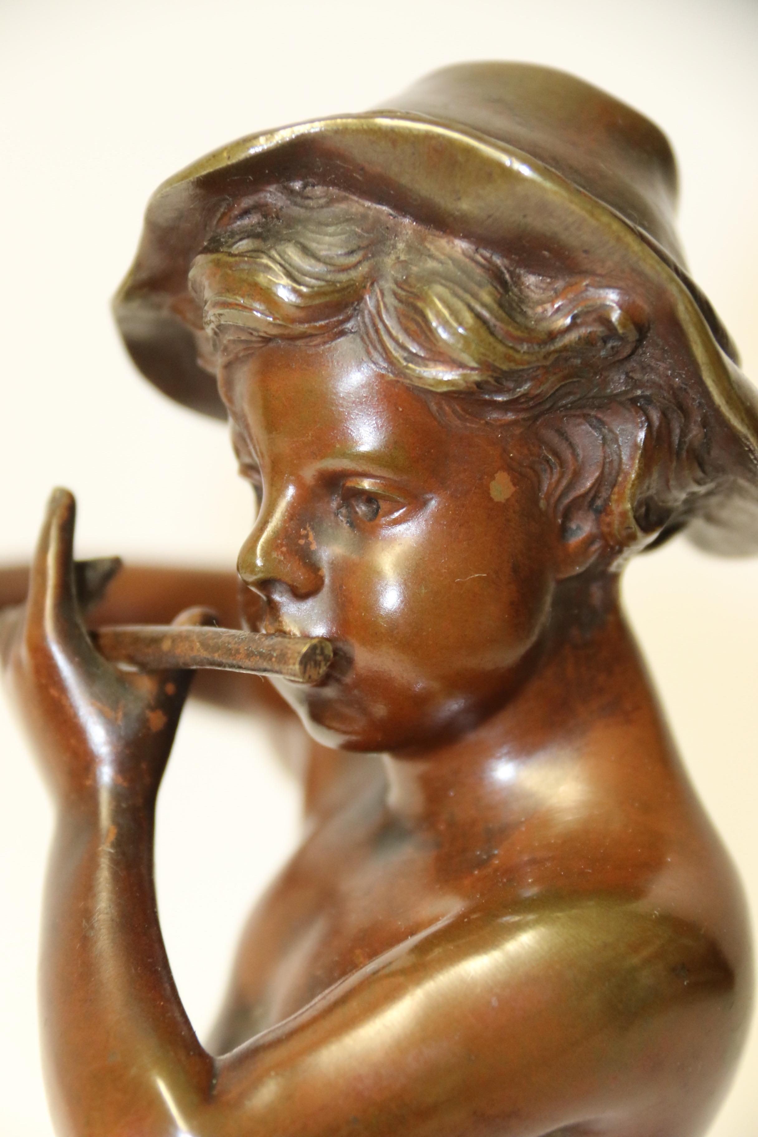 19th Century French Bronze Figure of a Boy Playing a Flute, by Marcel Debut For Sale 6