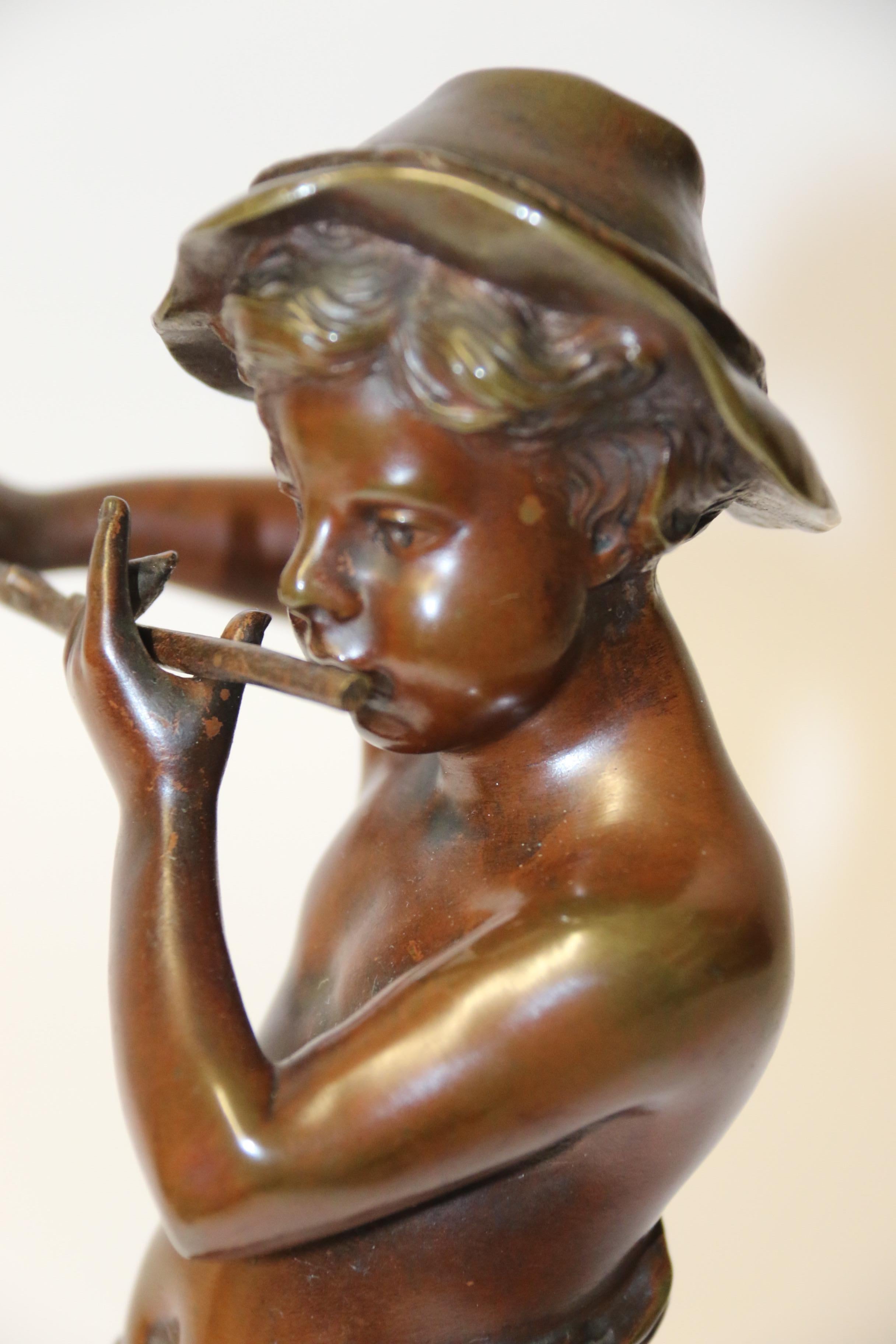 19th Century French Bronze Figure of a Boy Playing a Flute, by Marcel Debut For Sale 7