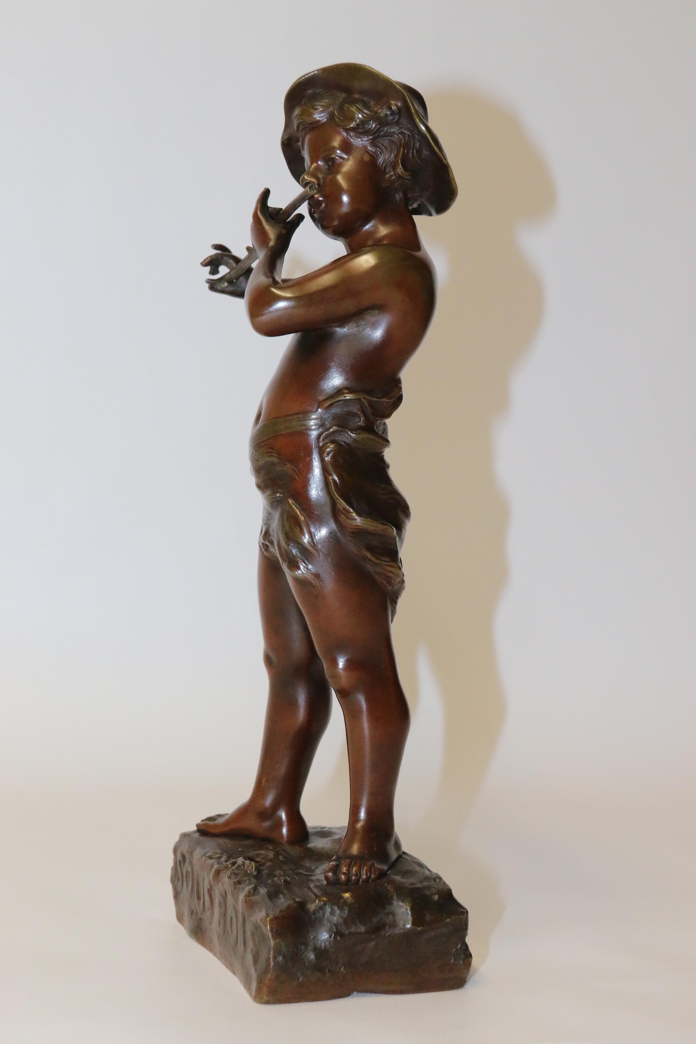 19th Century French Bronze Figure of a Boy Playing a Flute, by Marcel Debut For Sale 2