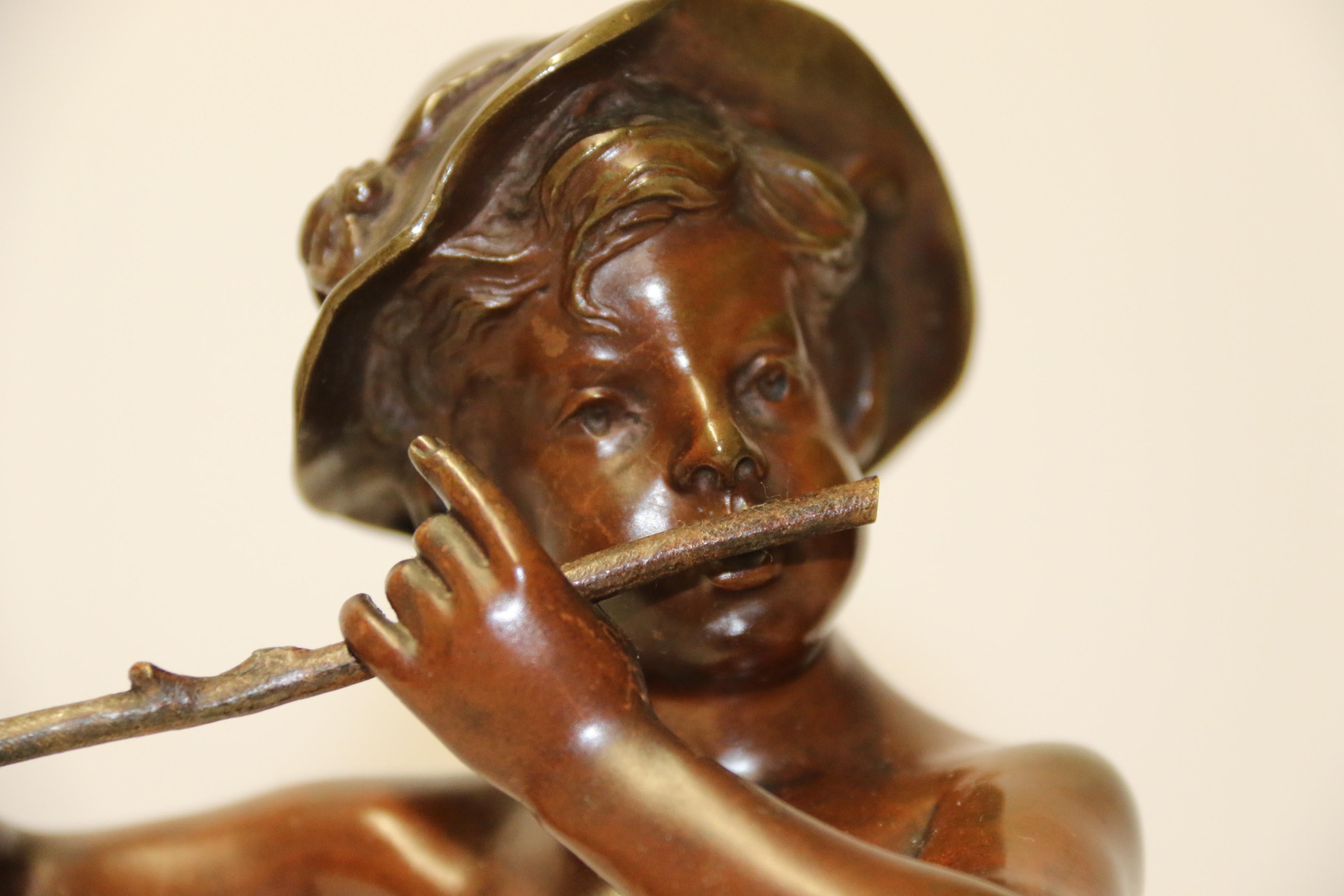 19th Century French Bronze Figure of a Boy Playing a Flute, by Marcel Debut For Sale 5
