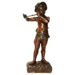 19th Century French Bronze Figure of a Boy Playing a Flute, by Marcel Debut