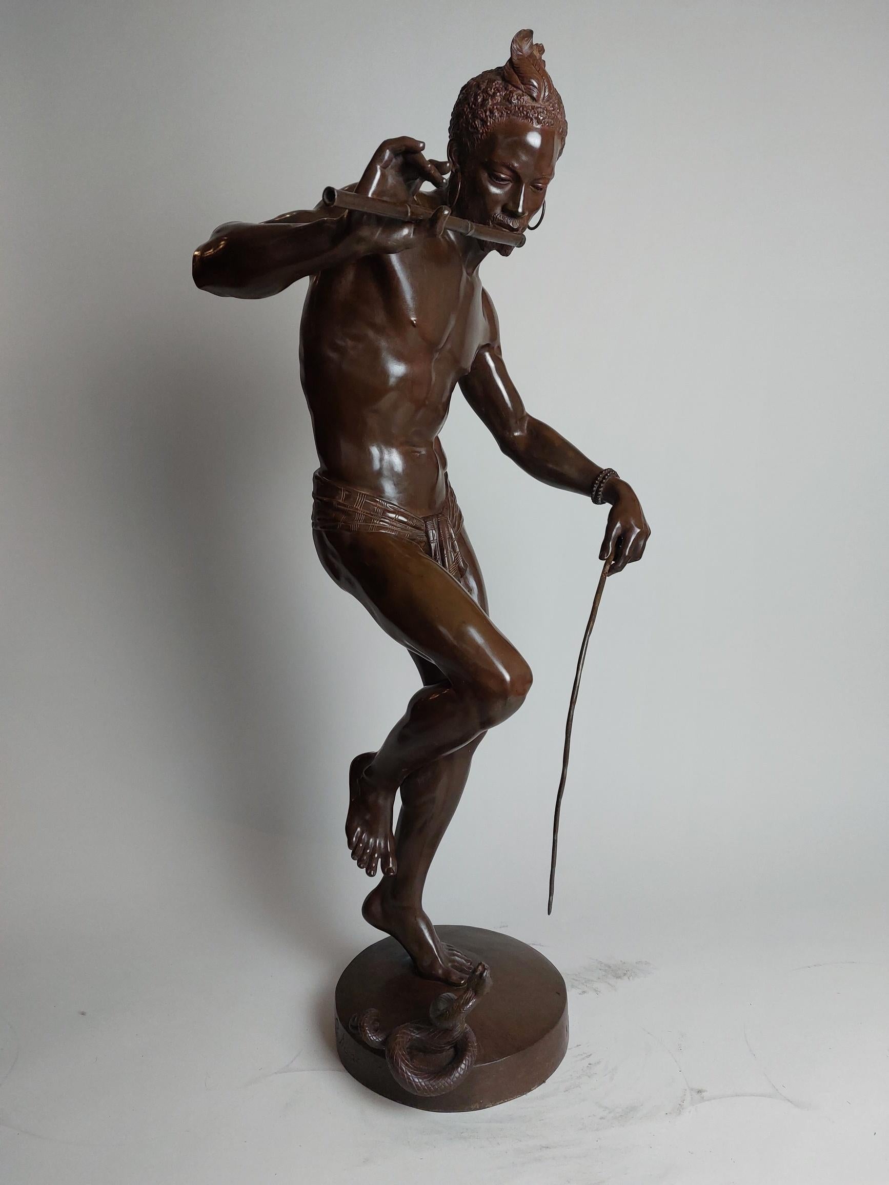 19th Century French Bronze of a Snake Charmer, Signed Charles Arthur Bourgeois For Sale 3