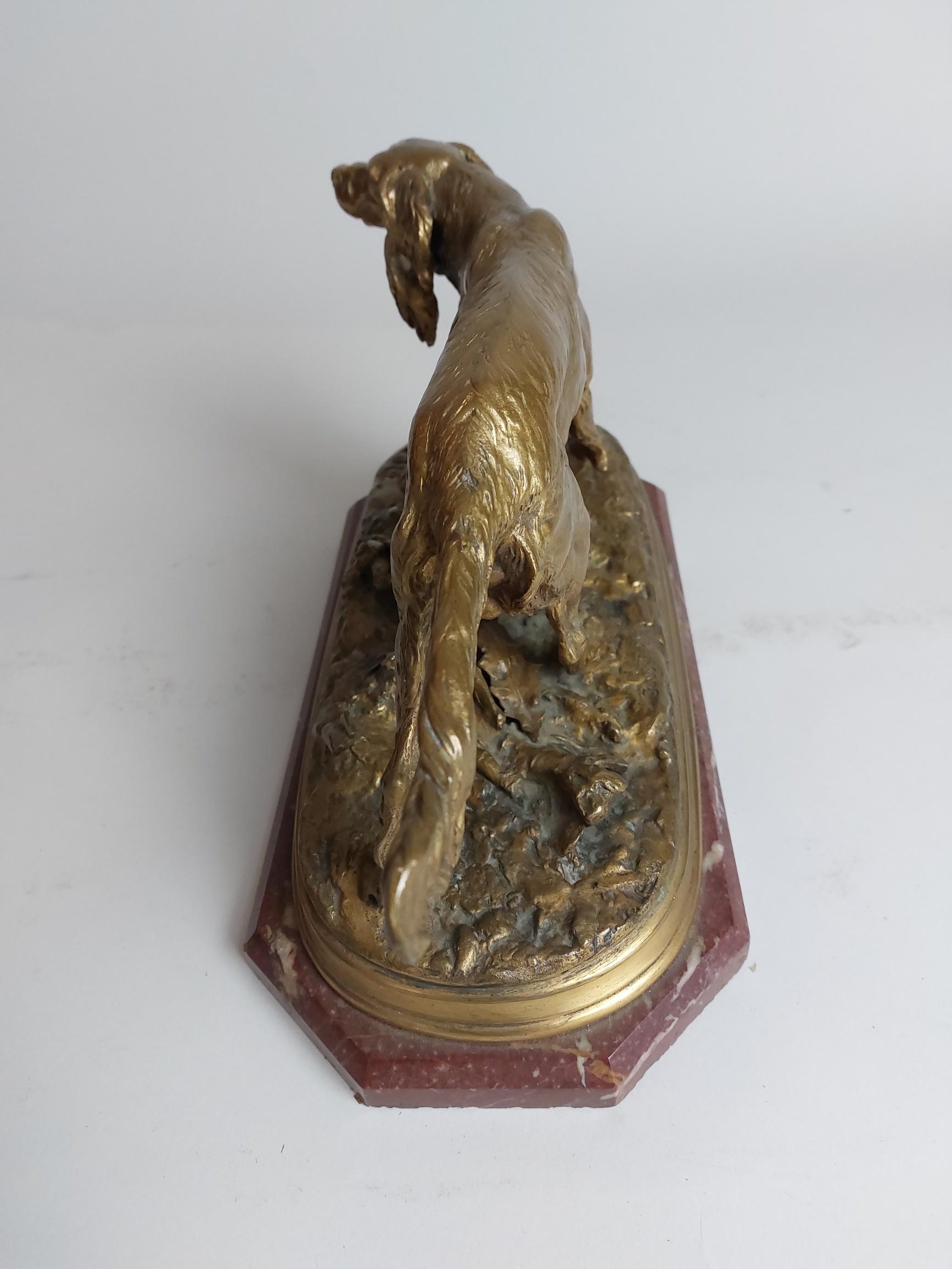 A 19th century French bronze of a spaniel/setter type dog. Signed P J Mene

A beautifully modelled portrait study of a dog it looks up from it looks up keenly towards it’s master.
On a marble base.

Pierre-Jules Mene (1810-1879)
Mene was a