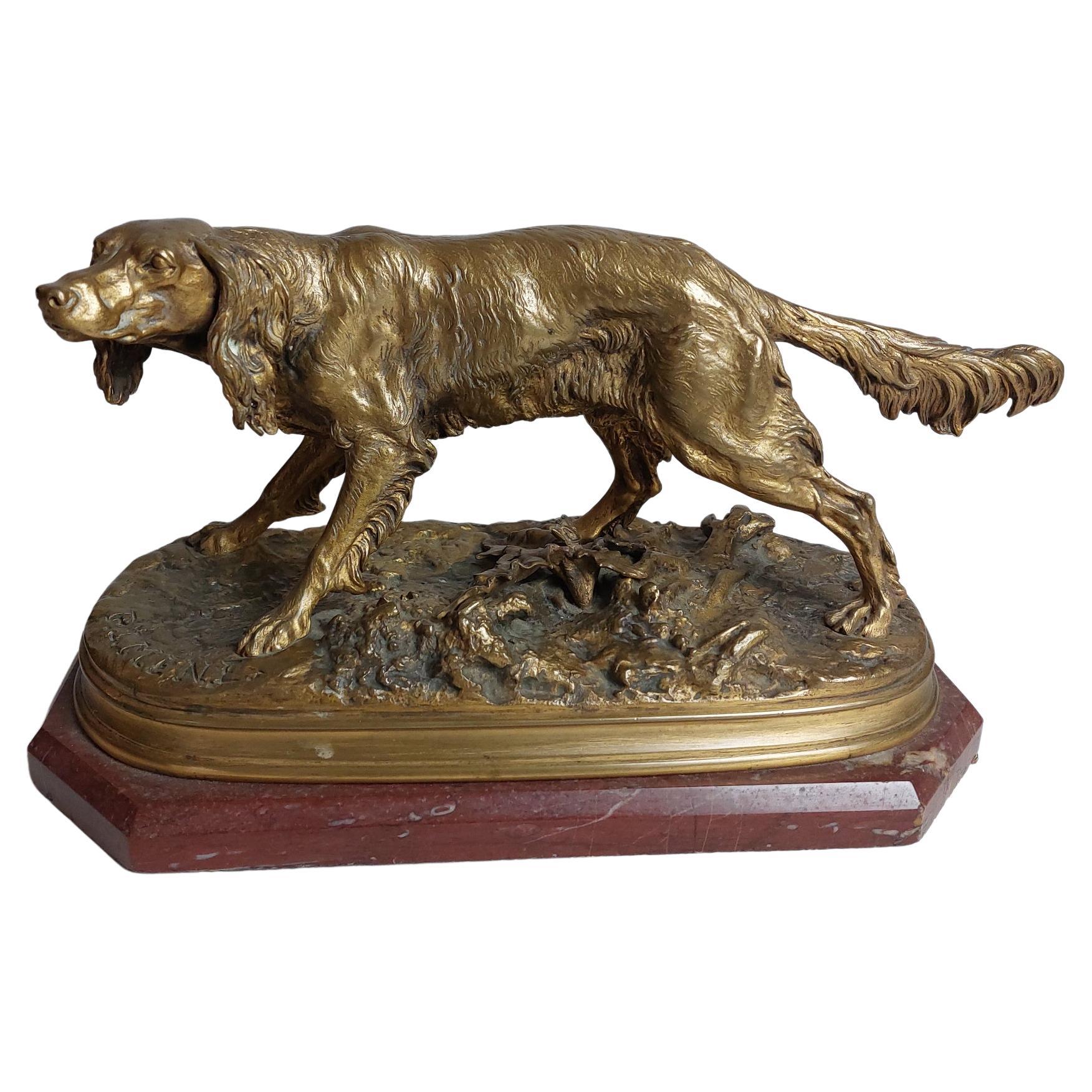 Bronze français du 19e siècle représentant un chien de type épagneul. Signé P J Mene