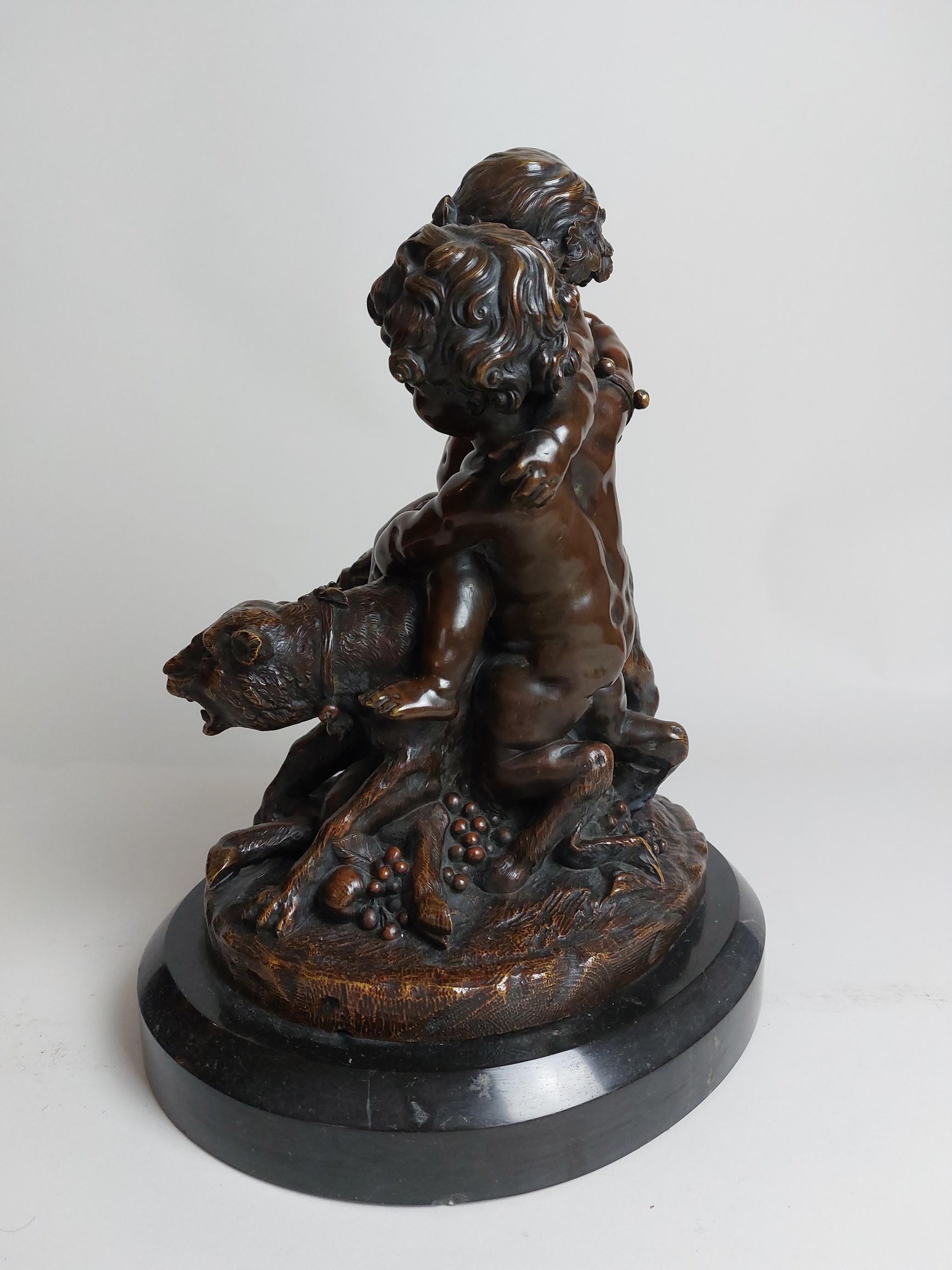 Cast 19th Century French Bronze of Cherubs Playing with a Panther by Victor Paillar For Sale