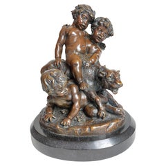 Antique 19th Century French Bronze of Cherubs Playing with a Panther by Victor Paillar