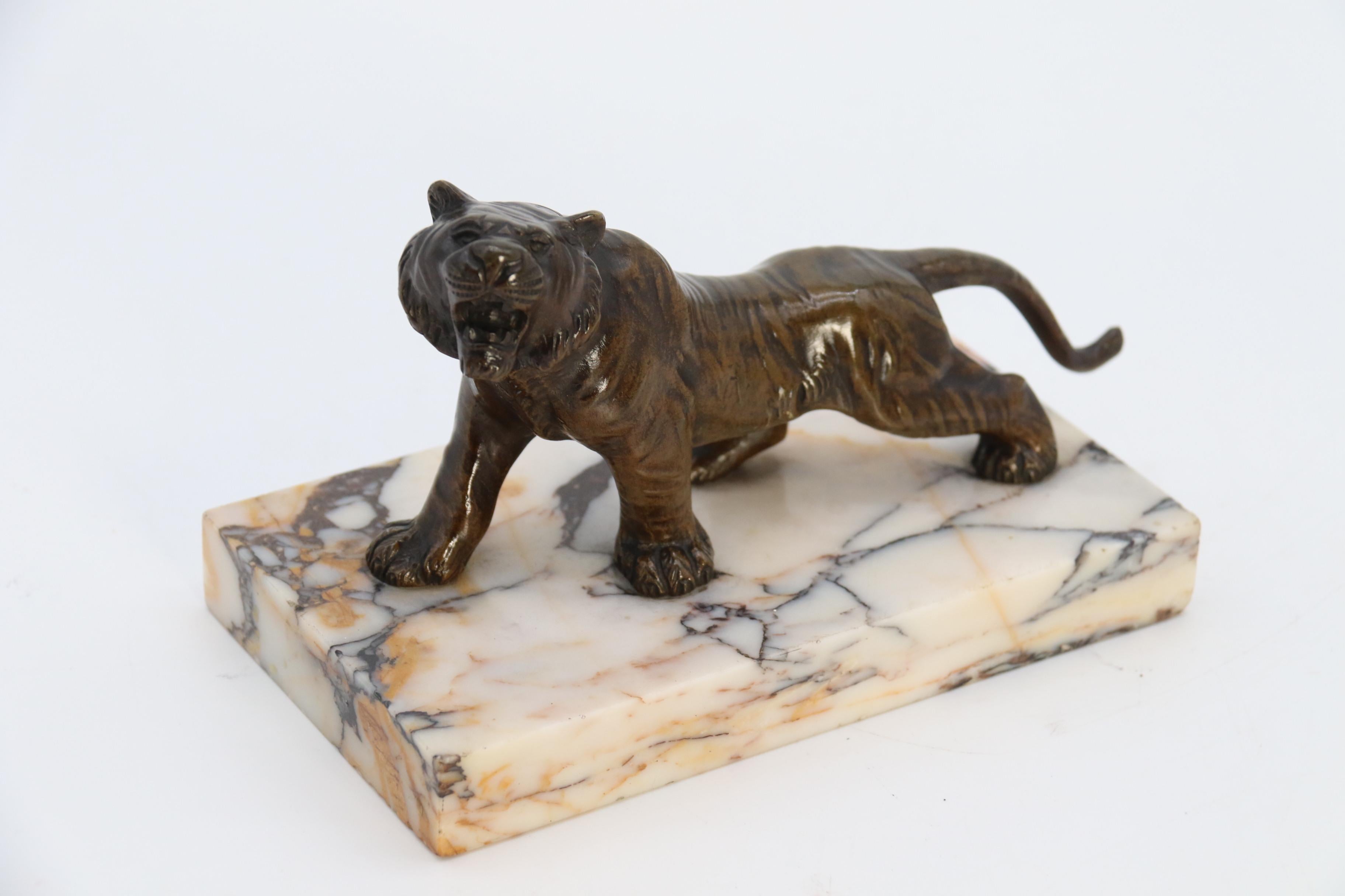 Diese hochwertige und sehr gut modellierte französische Bronzestudie zeigt einen muskulösen Tiger, der mit weit aufgerissenem Maul brüllt und knurrt, vielleicht um einen Rivalen zu warnen oder um eine Gefährtin anzulocken. Diese Studie ist besonders