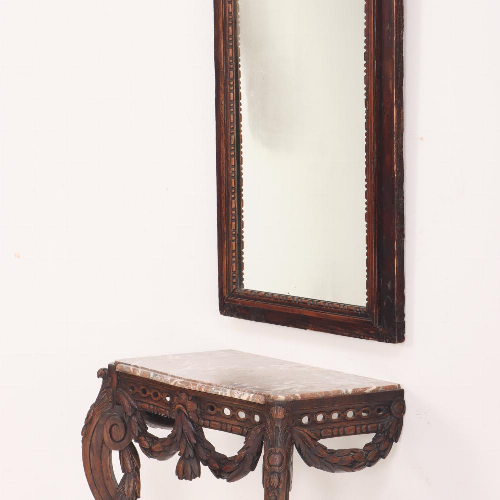 Art Nouveau A 19th century French carved walnut console table with conforming trumeau mirror For Sale