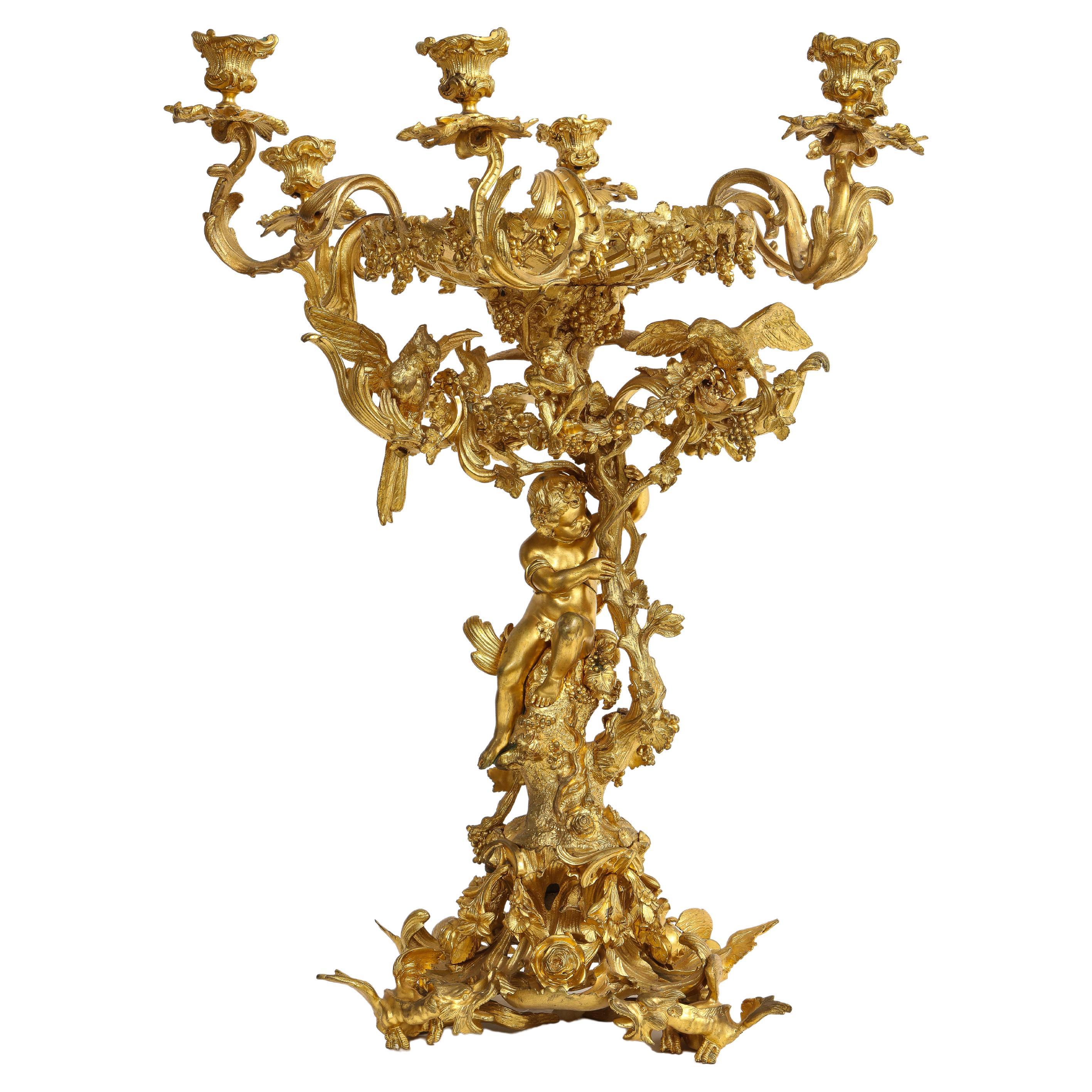 19th Century French Dore Bronze Figural Centerpiece/6 Arm Candelabra w/ Putti For Sale