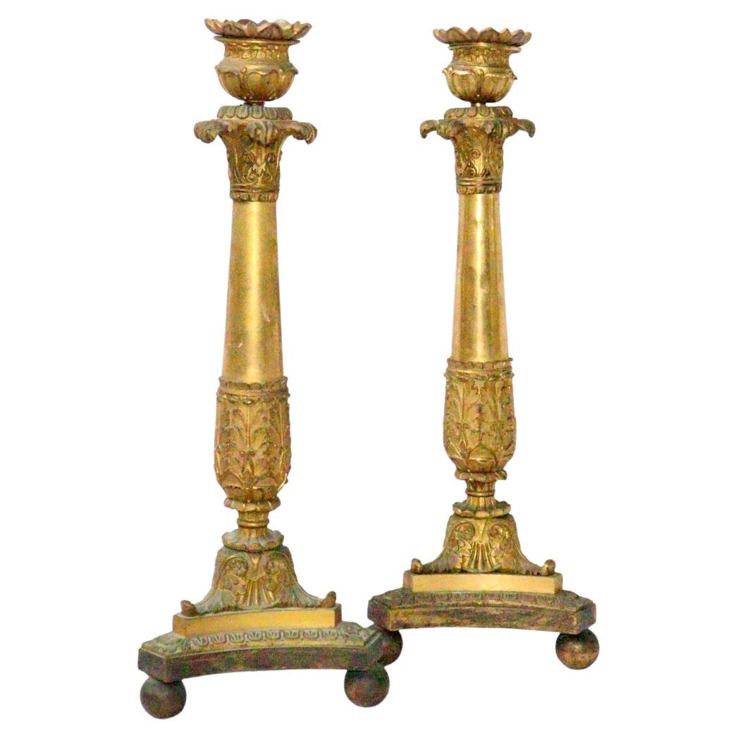 19th Century French Empire Charles X Pair of Candlesticks