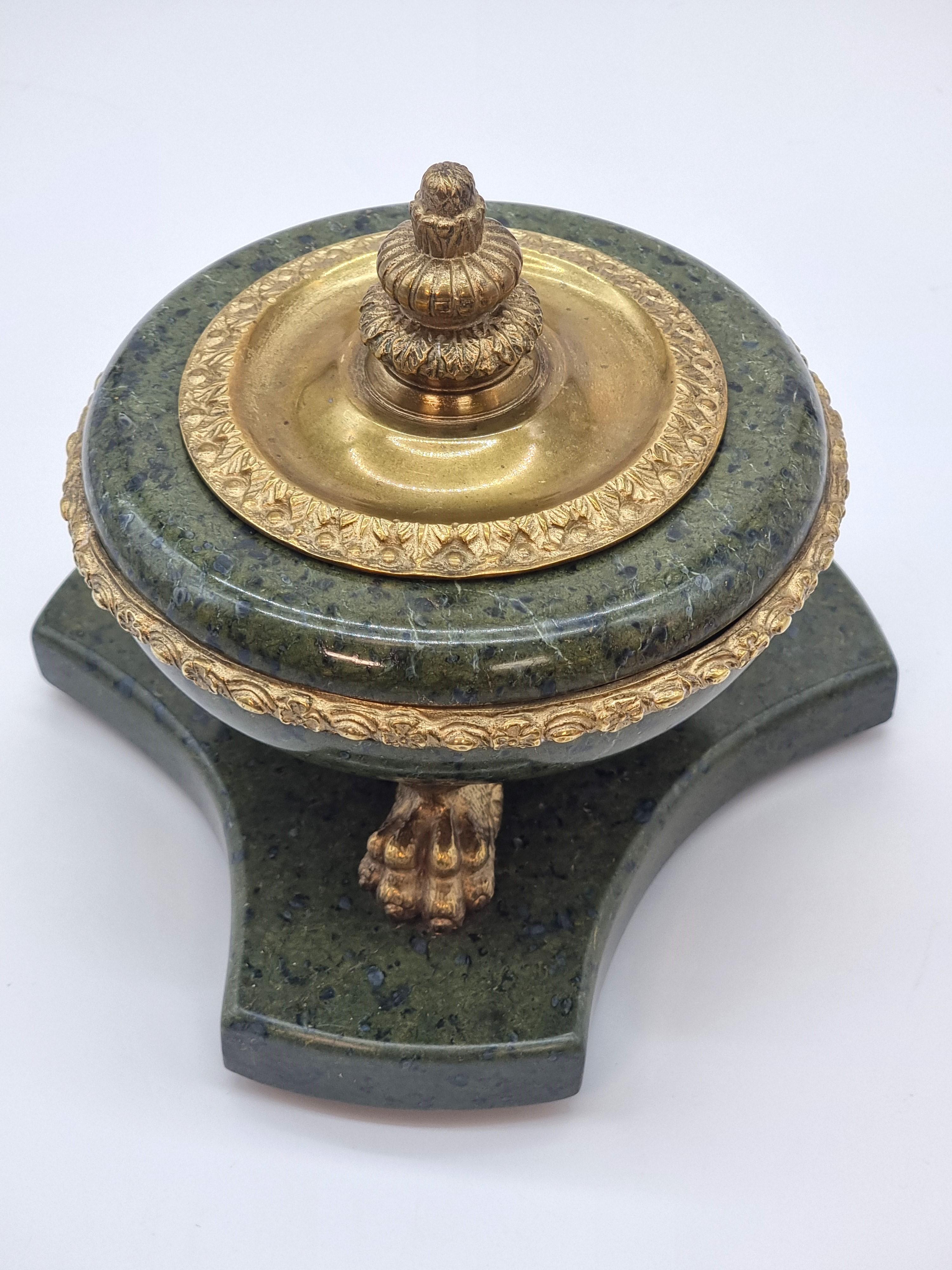 Hand-Crafted A 19th century  French Empire green figured marble and ormolu inkstand C 1870 For Sale