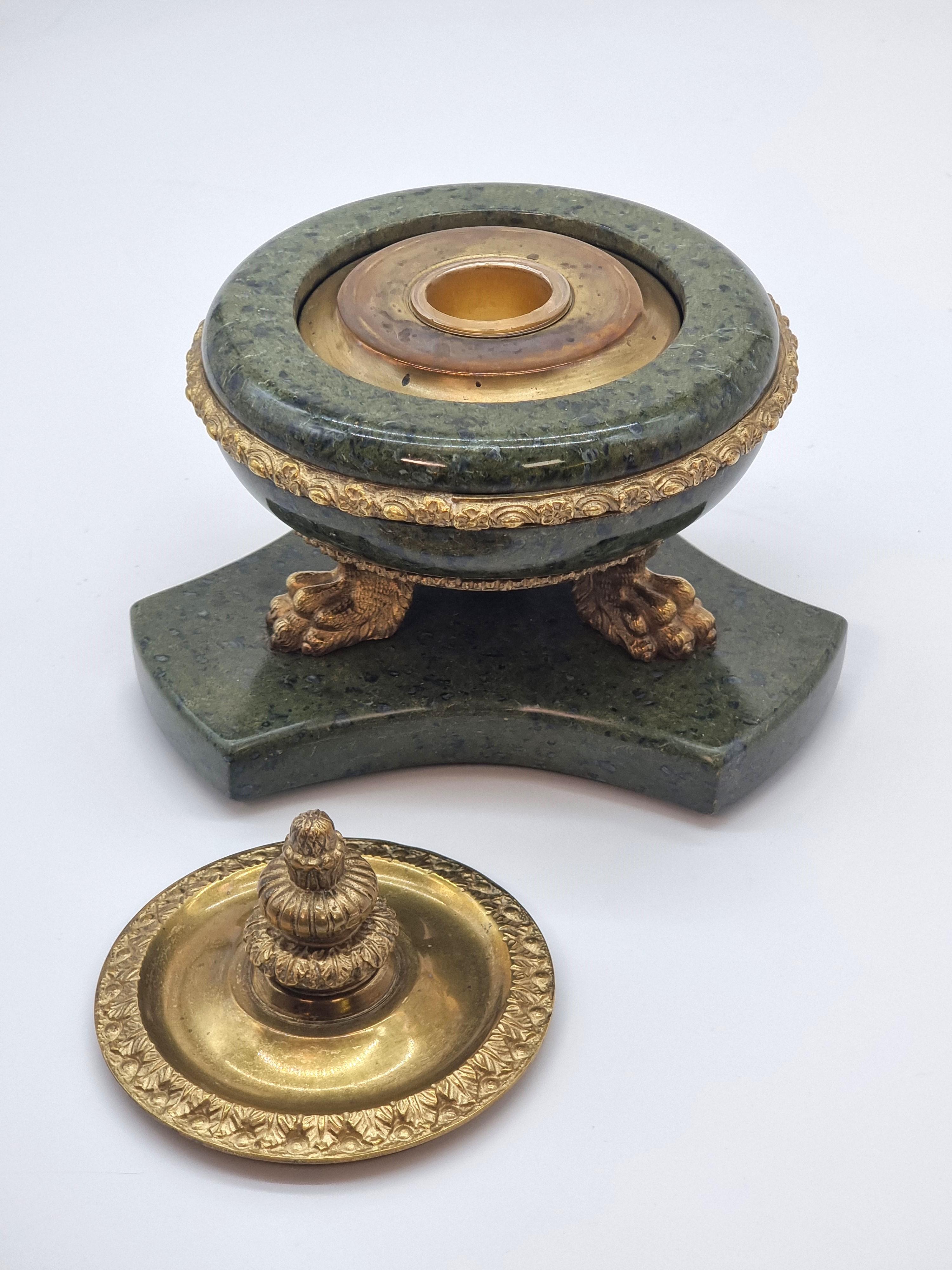 19th Century A 19th century  French Empire green figured marble and ormolu inkstand C 1870 For Sale