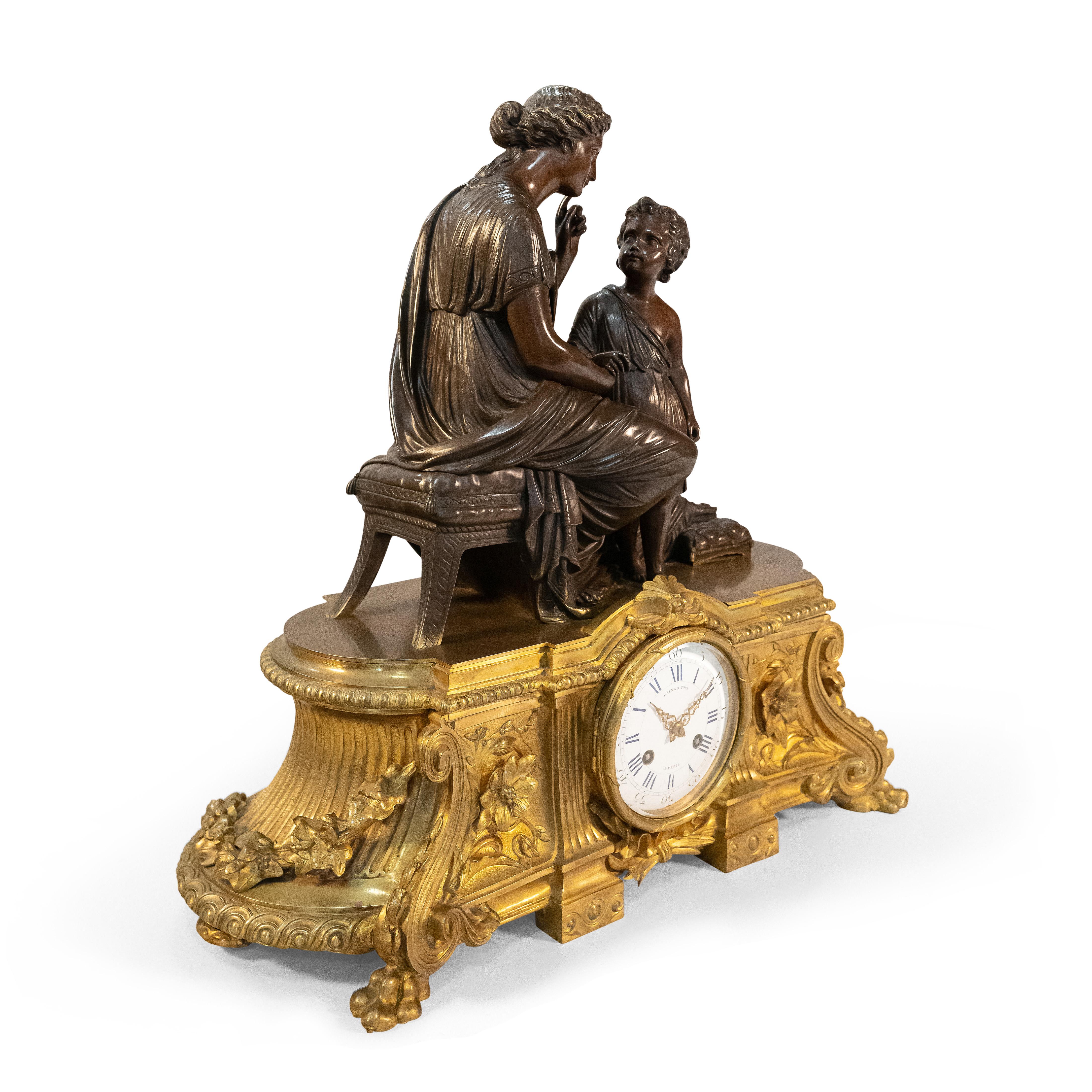 A 19th Century French Gilt & Patinated Bronze Figural Mantel Clock by Raingo In Excellent Condition For Sale In Los Angeles, CA