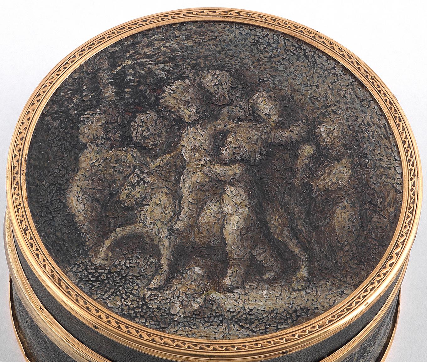 BERNARDO ANTICHITÀ PONTE VECCHIO FLORENCE

The cover set with three putti amidst clouds painted en grisaille, set in the lid of a gilt-mounted tortoiseshell box.
Circular, 63mm dia.
